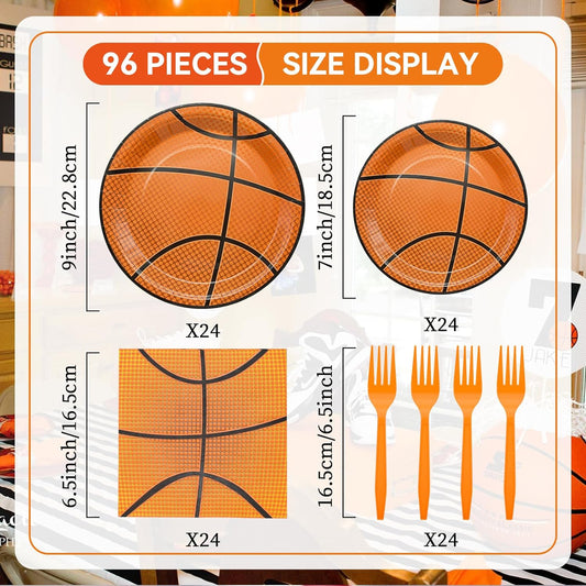 96 Pieces Basketball Themed Tableware Set - Sports Fan Disposable Dinnerware with Paper Plates, Napkins, Forks for Game Day, Team Celebrations, Birthdays Party Supplies for Kids Boys Serves 24 Guests