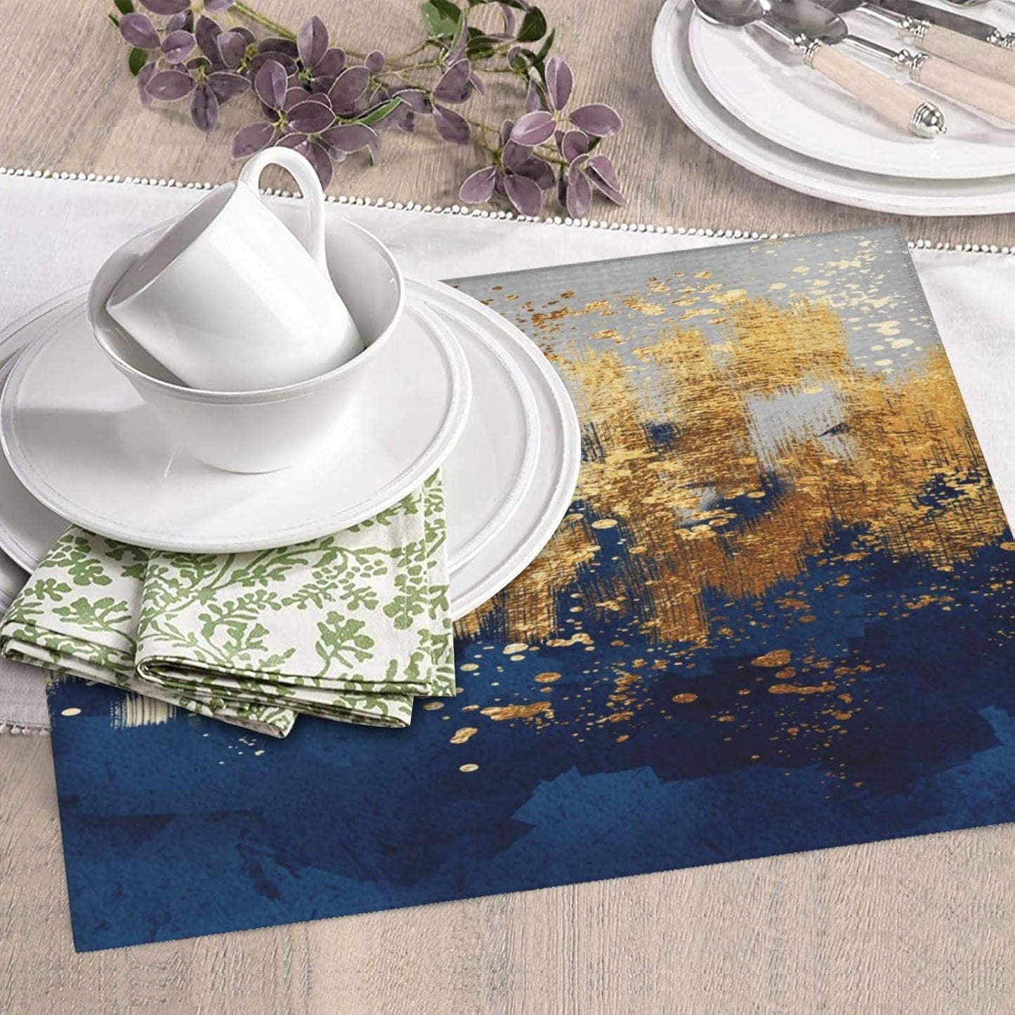 Navy Blue Gold Abstract Art Dish Drying Mat for Kitchen Counter, Absorbent Microfiber Drying Pad for Dishes, Washable Foldable Modern Kitchen Mat for Dining Area & Home Decor, 16" x 18" Blue Gold