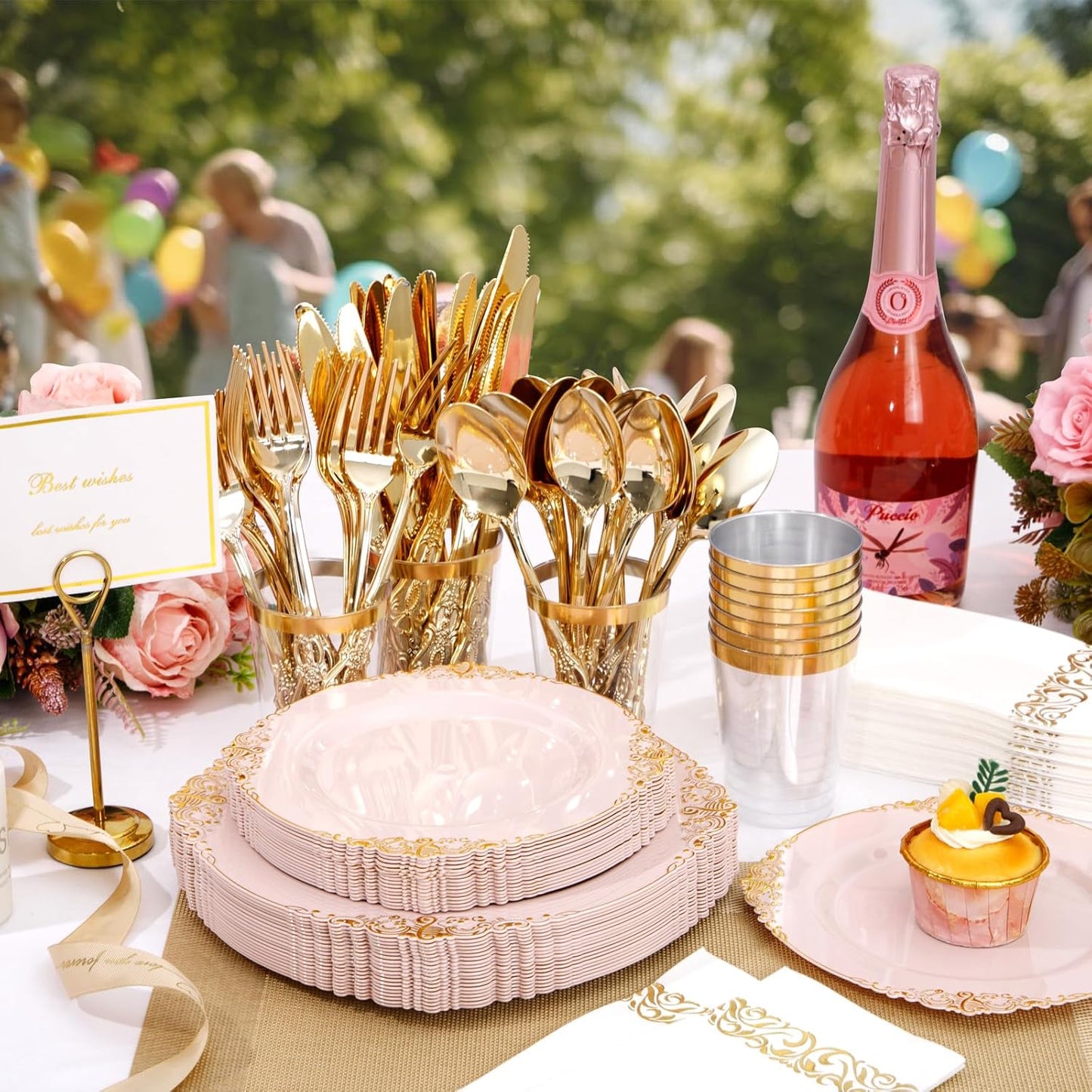 YOUBET 700PCS Pink Plastic Plates - Pink and Gold Plates - Luxury Pinks Plastic Dinnerware Set Include 200 Pinks Disposable Plates, 300 Heavy Duty Silverware, 100 Cups, 100 Napkins for Wedding & Party