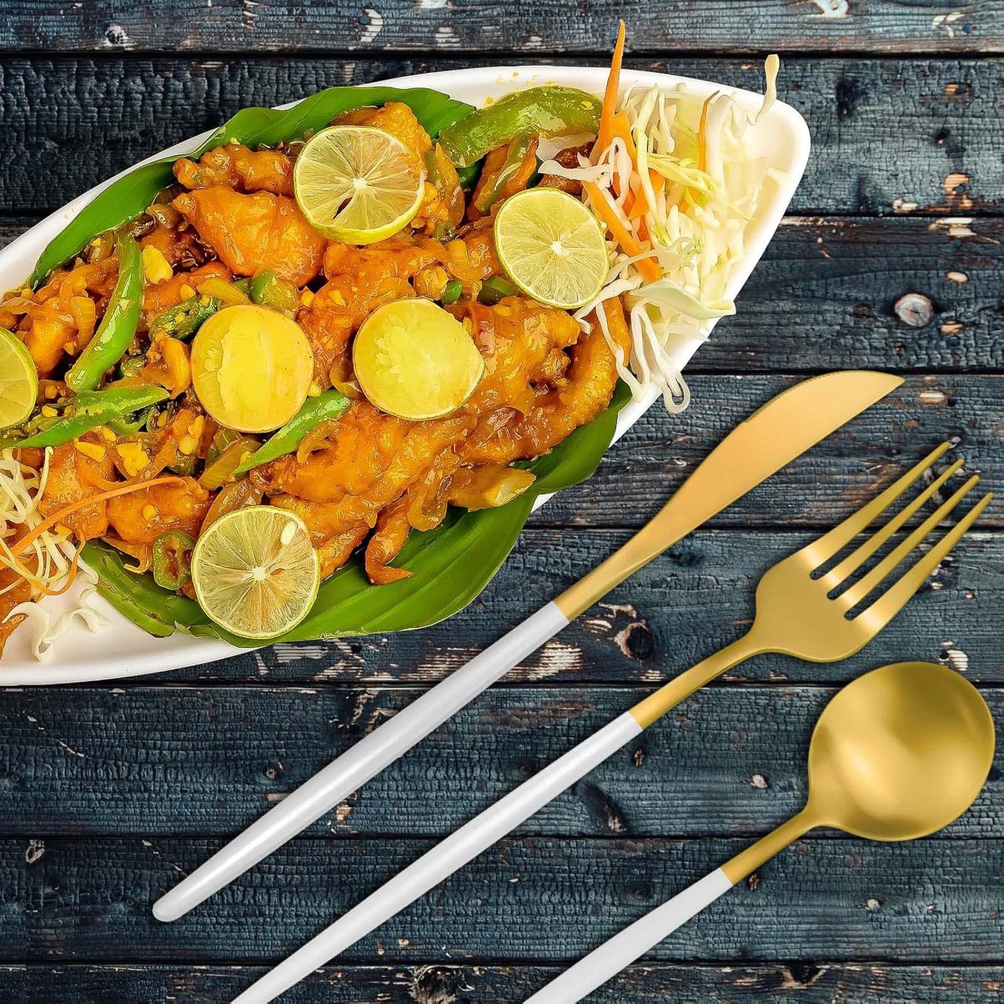 White And Gold Silverware Set for 8, 40-Pieces Matte Gold And White Handle Flatware Set, Stainless Steel Cutlery Tableware set, Kitchen utensils set Include Spoons And Forks Set, Dishwasher Safe