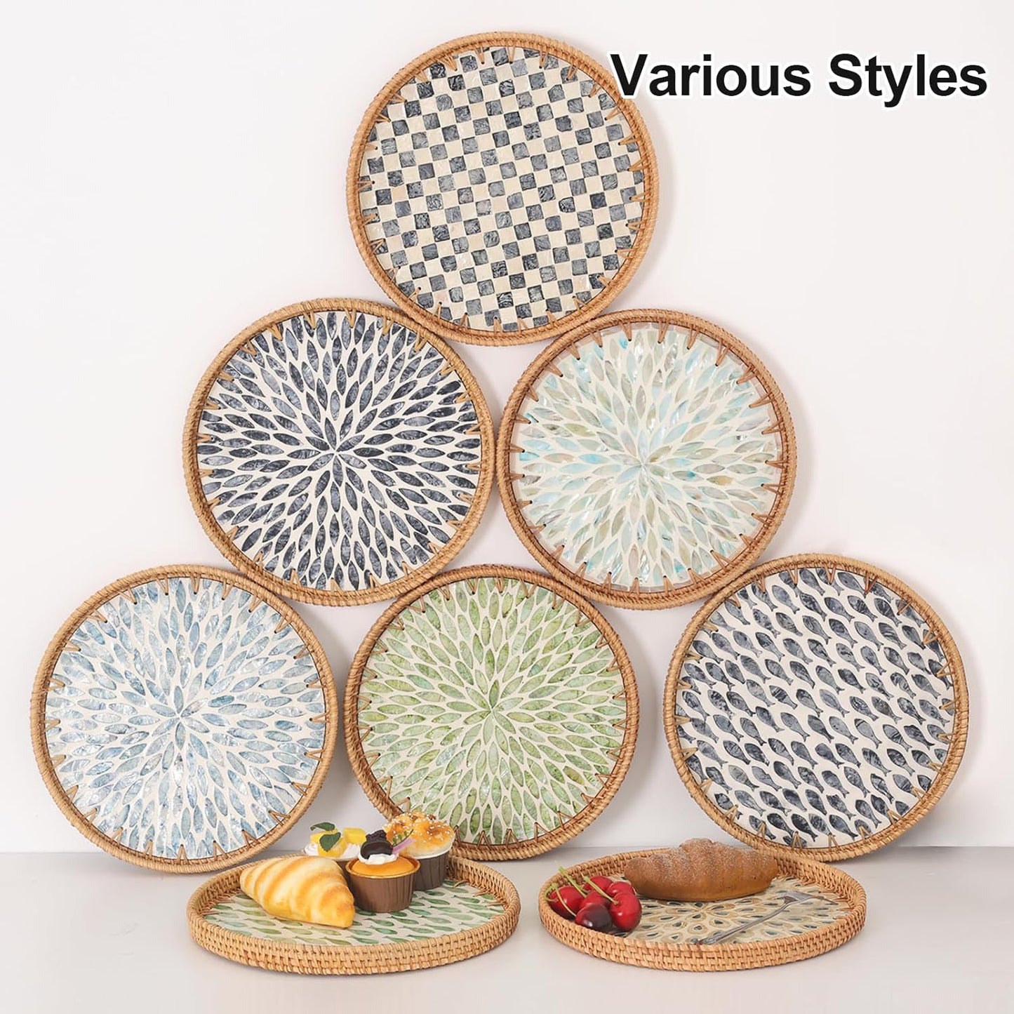 Round Rattan Tray with Mother of Pearl Inlay, Rattan Serving Tray for Coffee, Bread, Fruits, Decorative Wicker Tray for Table Decor, Home Decor, Kitchen Island Decor (Round Green Fish, 11.8")