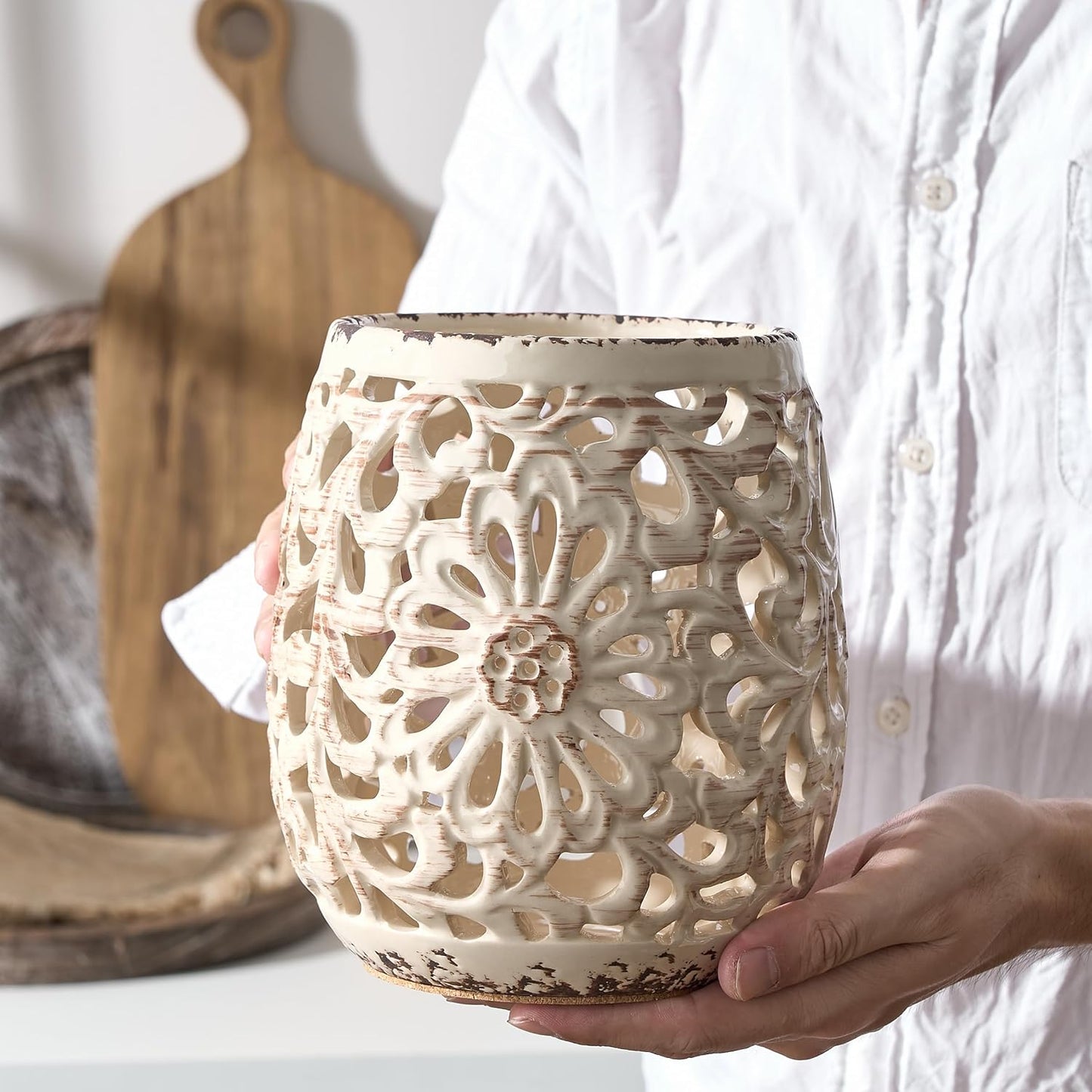 Farmhouse Kitchen Utensil Holder for Kitchen Counter, Ceramic Large Cooking Utensil Crock with Cork Mat, Countertop Cooking Tool Spatula Organizer, Beige Antique Design