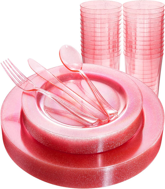 DaYammi 150PCS Pink Plastic Plates Disposable Pink Dinnerware Set Clear pink Party plates with Silver Glitter Design Include 25 Dinner plates,25 Cake Plate,75 Cutlery,25 Cup for Party