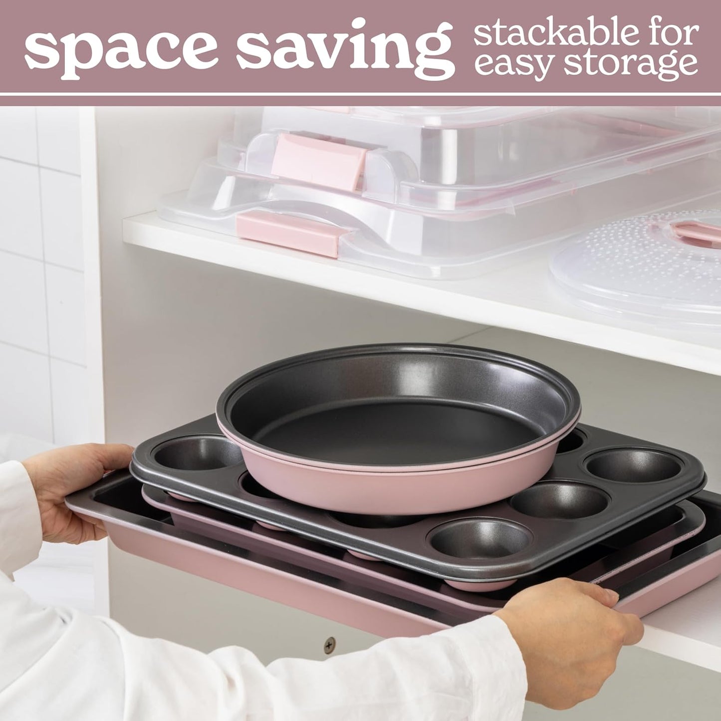 Country Kitchen Baking Pans Set - 10 Piece Non-Stick Cake Pans with Carry Lids for Easy Storage & Travel, Perfect for Parties - Stackable, Pink