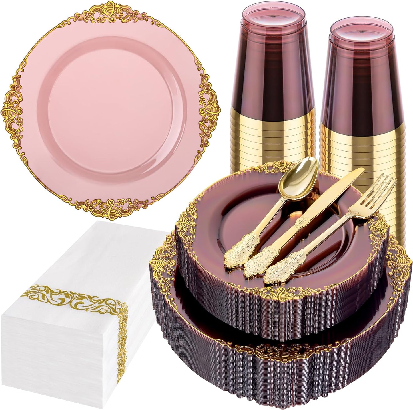 Hioasis 175pcs Burgundy and Gold Plastic Plates - Elegant Disposable Dinnerware Set Suitable for 25 Guests Include 10.25" Dinner & 7.5" Dessert Plates, Cutlery, Napkins, Cups for Party