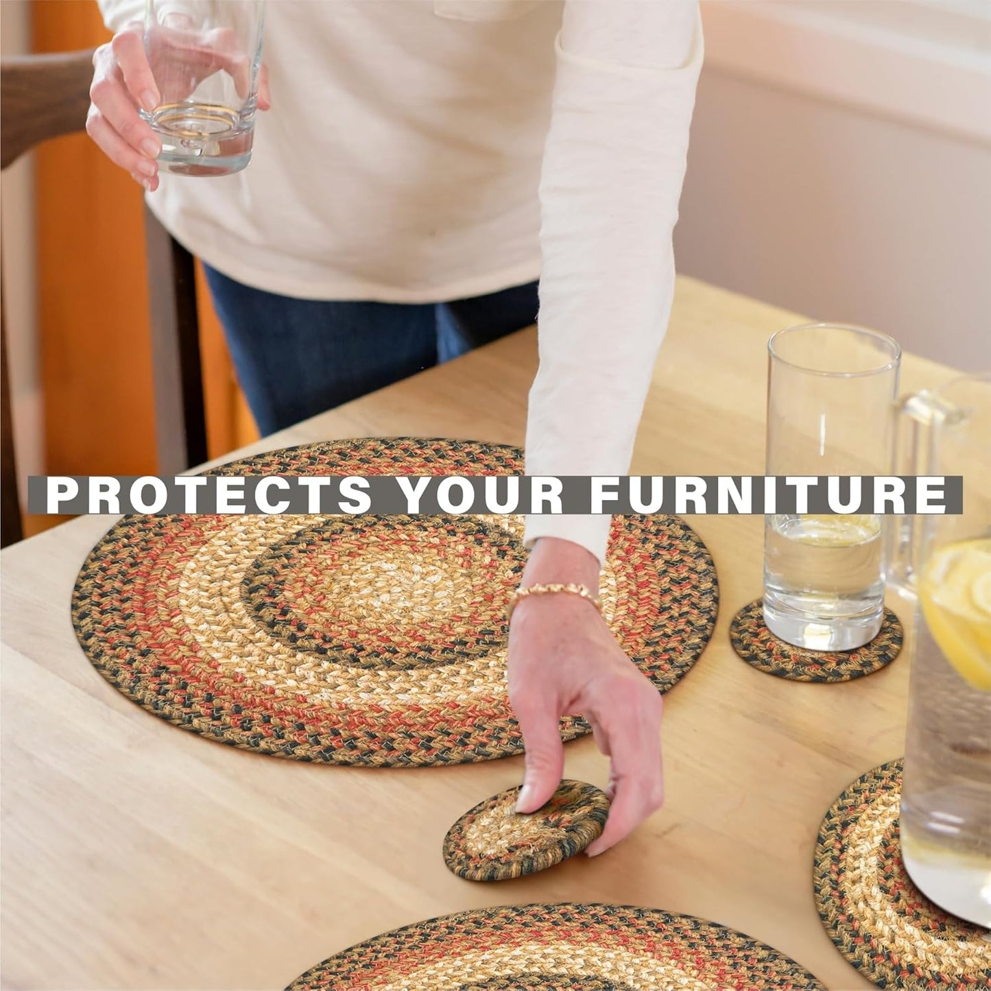 Russet Round Braided Placemats, Warm Country Decor, Set of 2, 15", Multicolor Jute Table Mats - Vibrant Colors, Durable, Easy to Clean and Protects Furniture