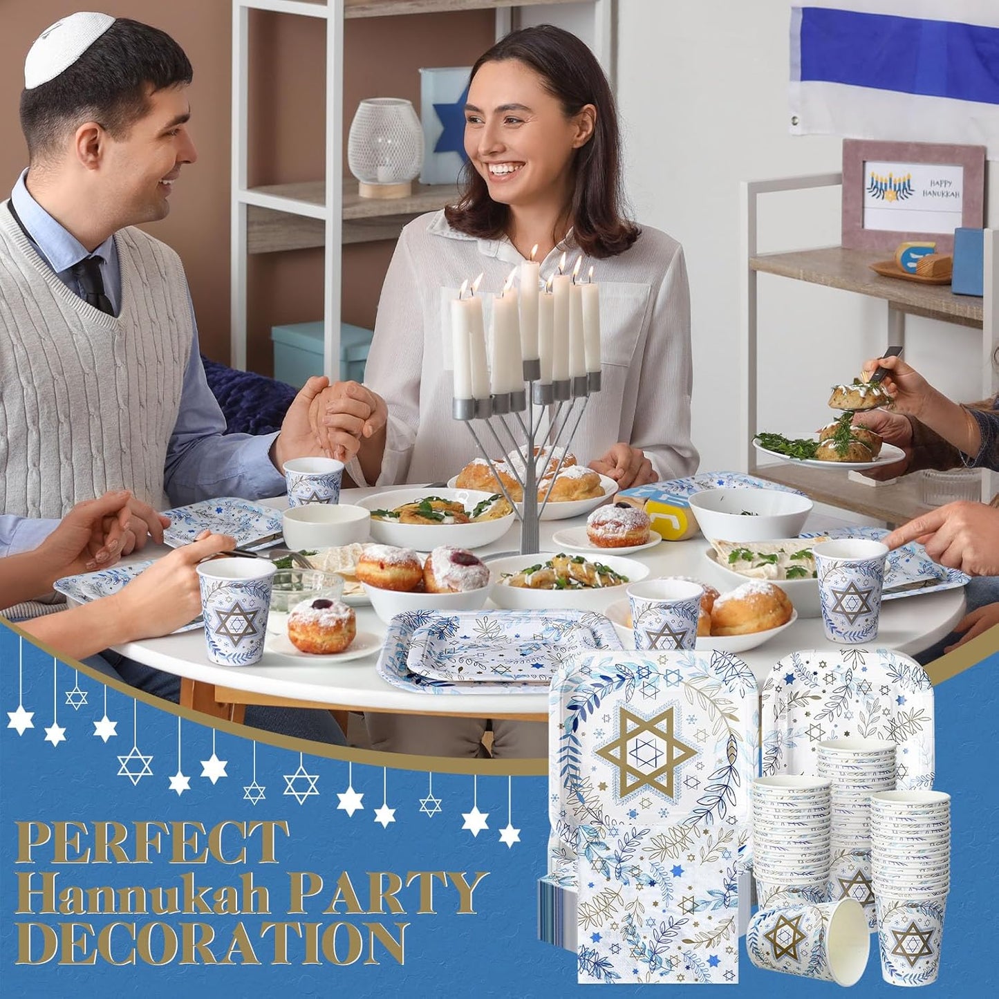 350 Pcs Paper Plates and Napkins Set Disposable Dinnerware Party Supplies Tableware Serve 50 Guest Cups Knife Forks Spoon(Blue, Gold and White,Hanukkah)