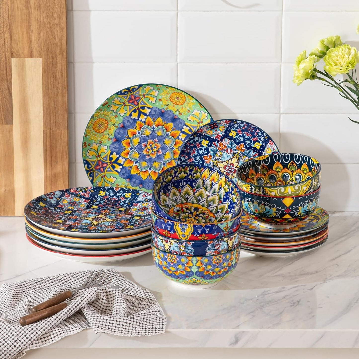 Sweejar Salad Plates 8 Inch,Ceramic Dessert Plates Set of 6,Bohemian Style Small Dinner Plates Dishwasher and Microwave Safe Round Colorful Dishes for Kitchen