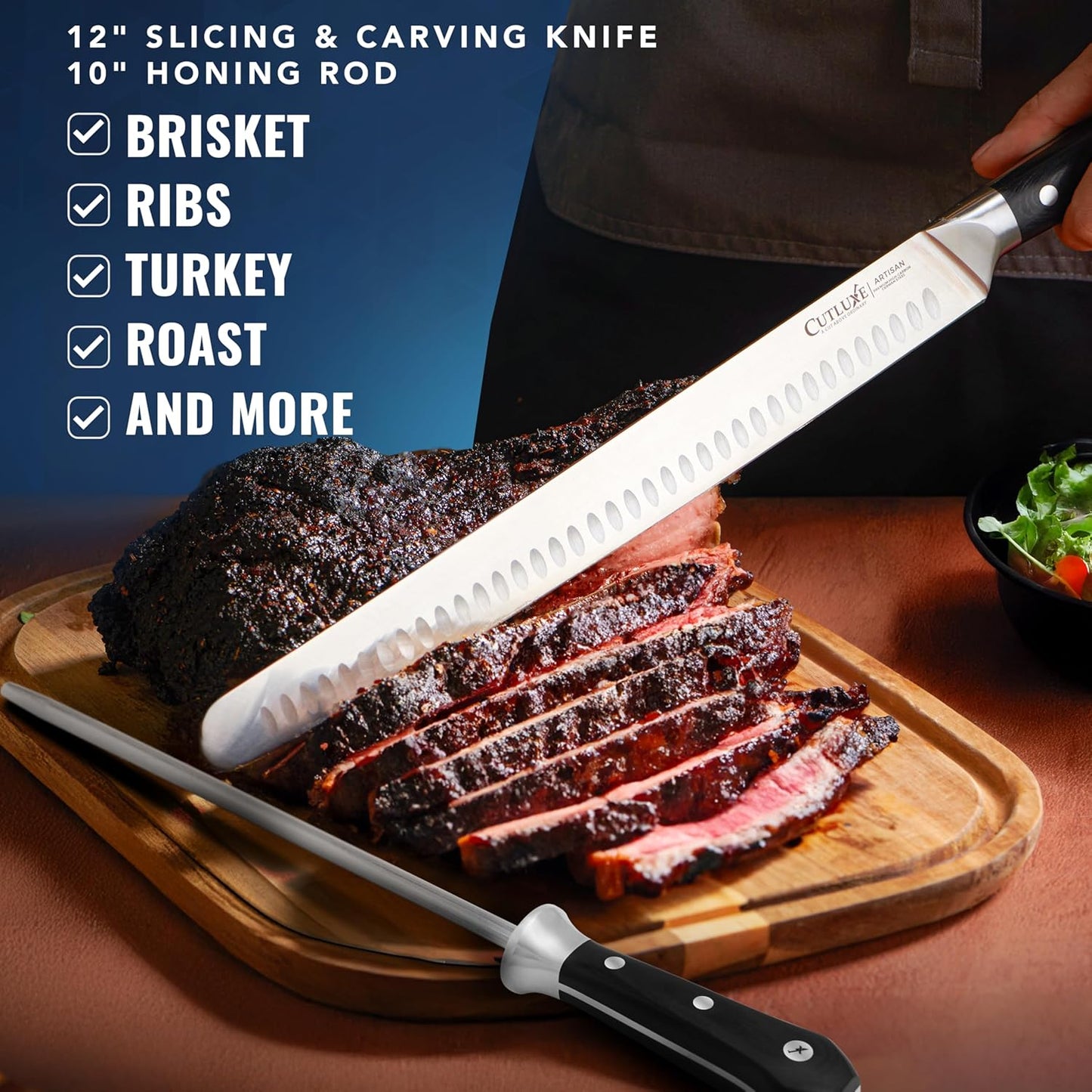 Cutluxe BBQ Knife Carving Set – 12" Brisket Knife & 10" Honing Rod, Butcher Knife Set for Meat Cutting – Ultra Sharp German Steel, Ergonomic Pakkawood Handles – Artisan Series