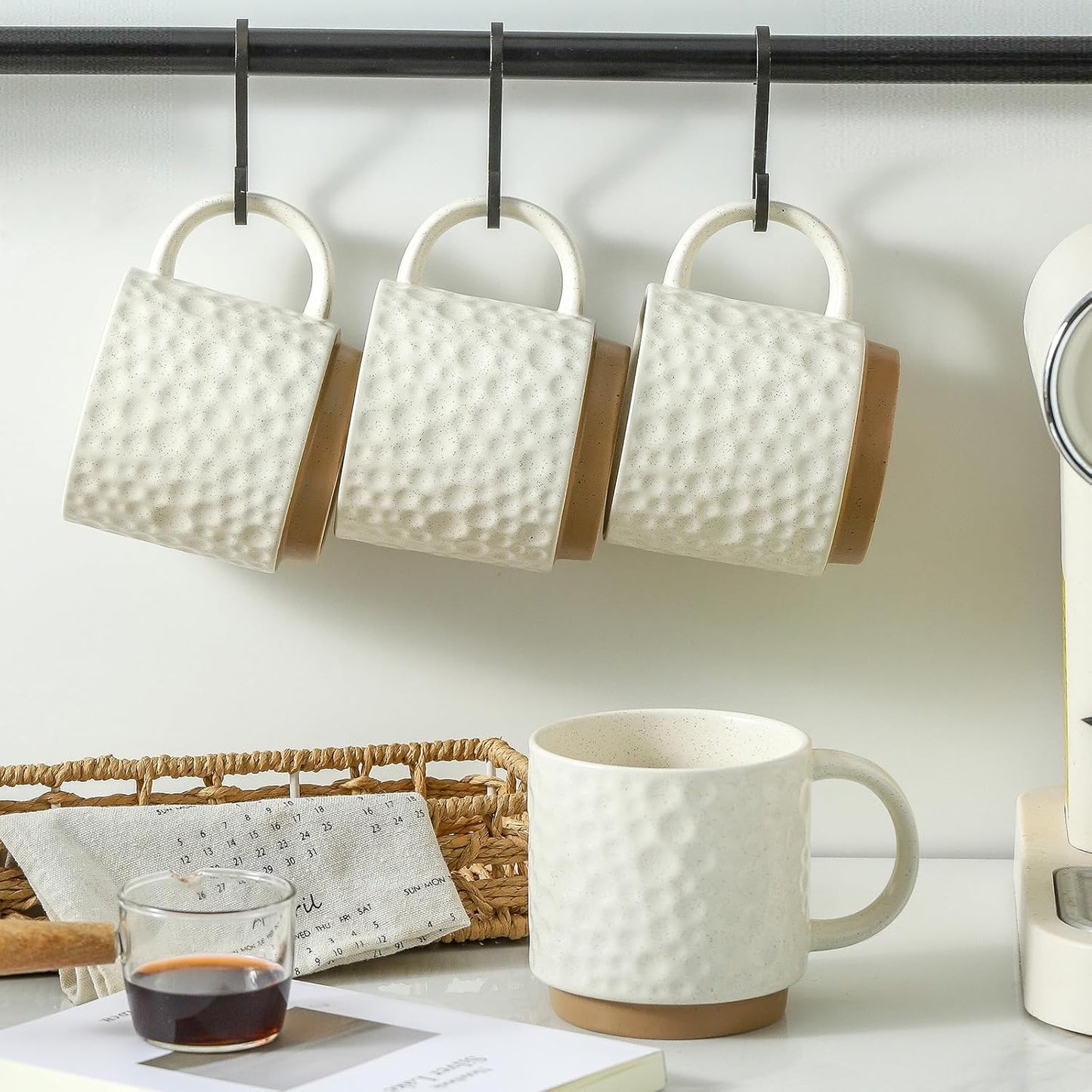 Nihow 16OZ Stackable Coffee Mug Set, Large Ceramic Coffee Mug Set of 4,Coffee Cup Set for Cappuccino/Latte/Cocoa,Dishwasher & Microwave Safe, Matte White