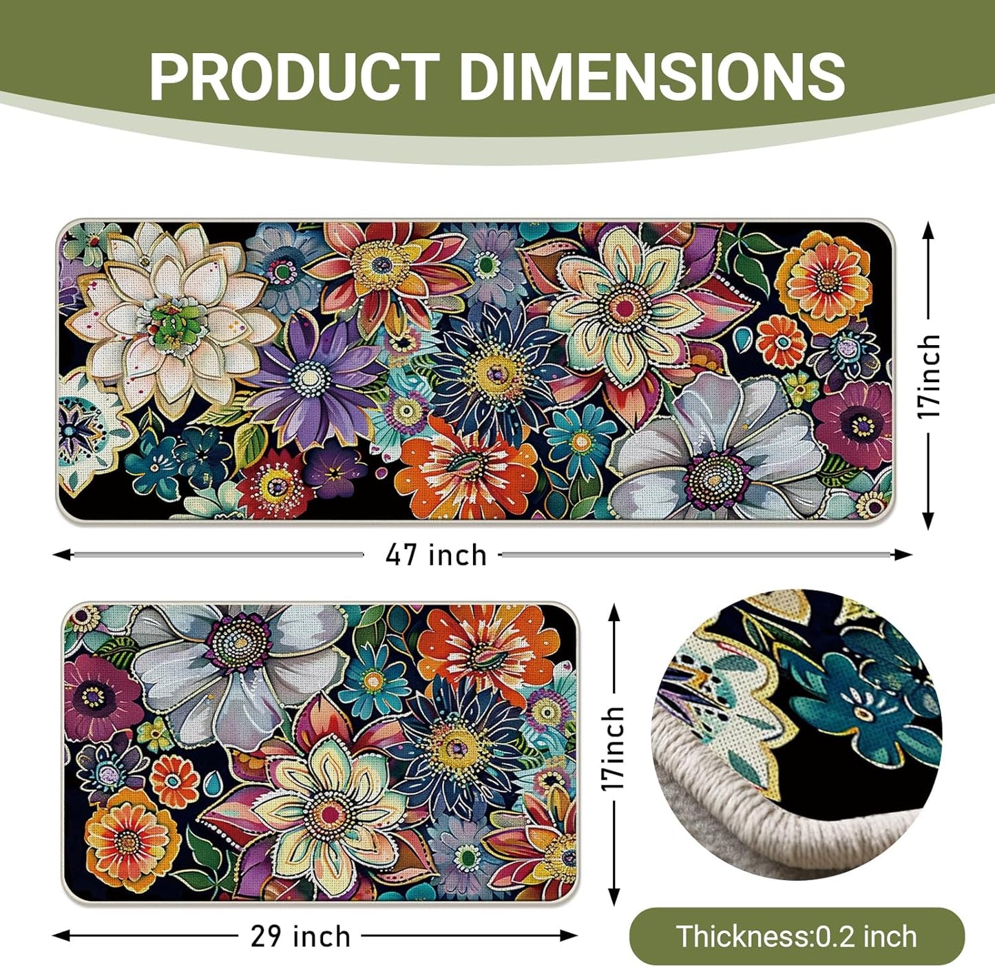 Boho Vintage Floral Kitchen Rugs Set of 2, Colorful Retro Flowers Floor Mats Decor, Bohemian Botanical Door Mat Home Decorations - 17x29 and 17x47 Inches