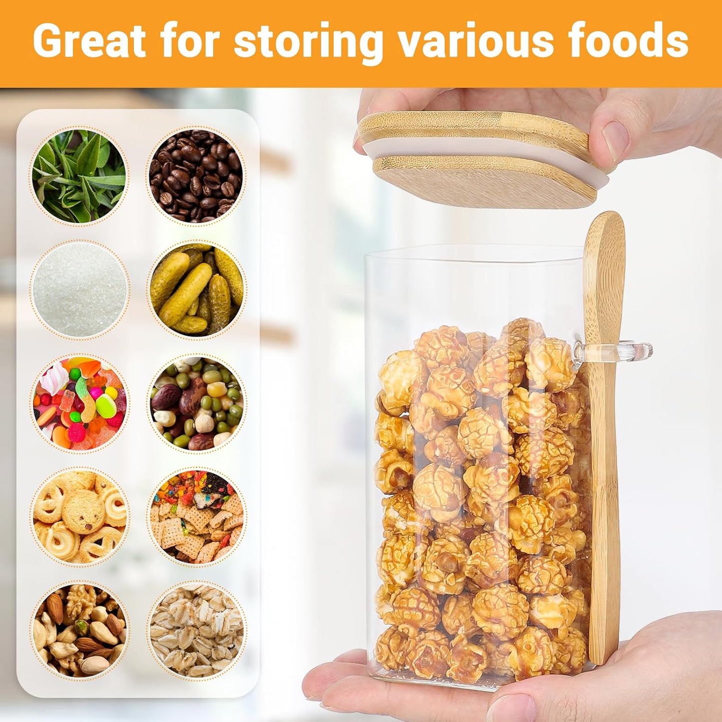 Glass Containers with Airtight Lid - 2 Pack 23 Fl.oz Square Glass Jars with Bamboo Lids and Spoons, Includes Labels and Marker, Empty Flour Sugar Storage Canister for Bean, Pasta, Candy, Cookies