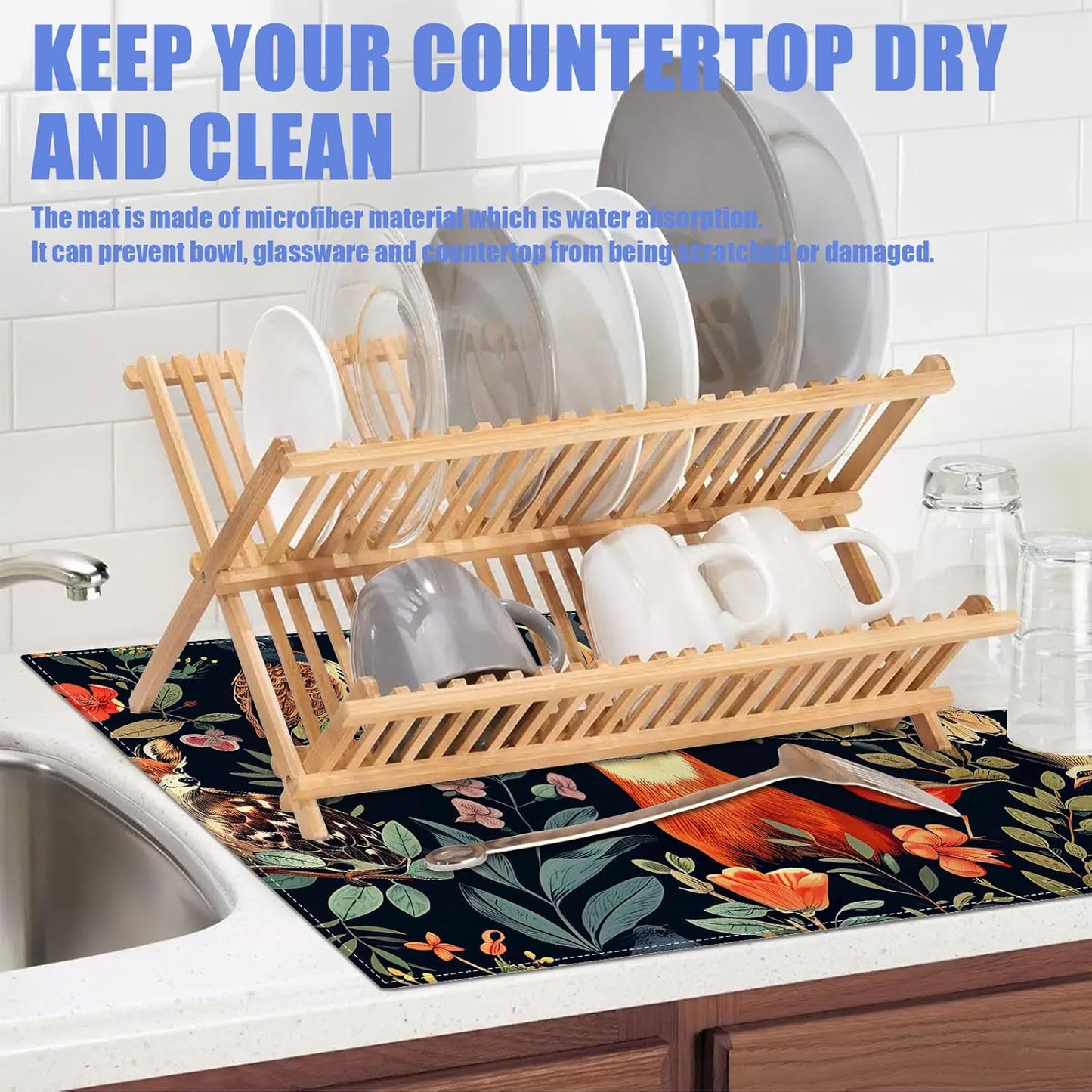 Vintage Deer Dish Drying Mat for Kitchen Counter Wild Animals Drying Pad Absorbent Reversible Dish Drainer Rack Mats Draining Pad 18"x24"Inch