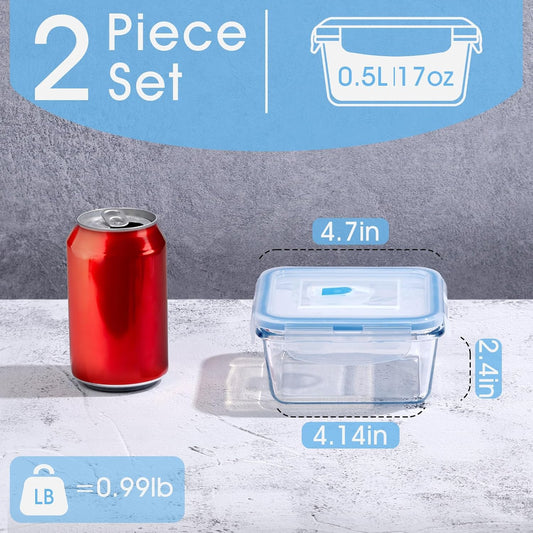 NUTRIUPS 0.5L Glass Food Storage Containers Set of 2, Square Meal Prep Containers, Food Storage Containers