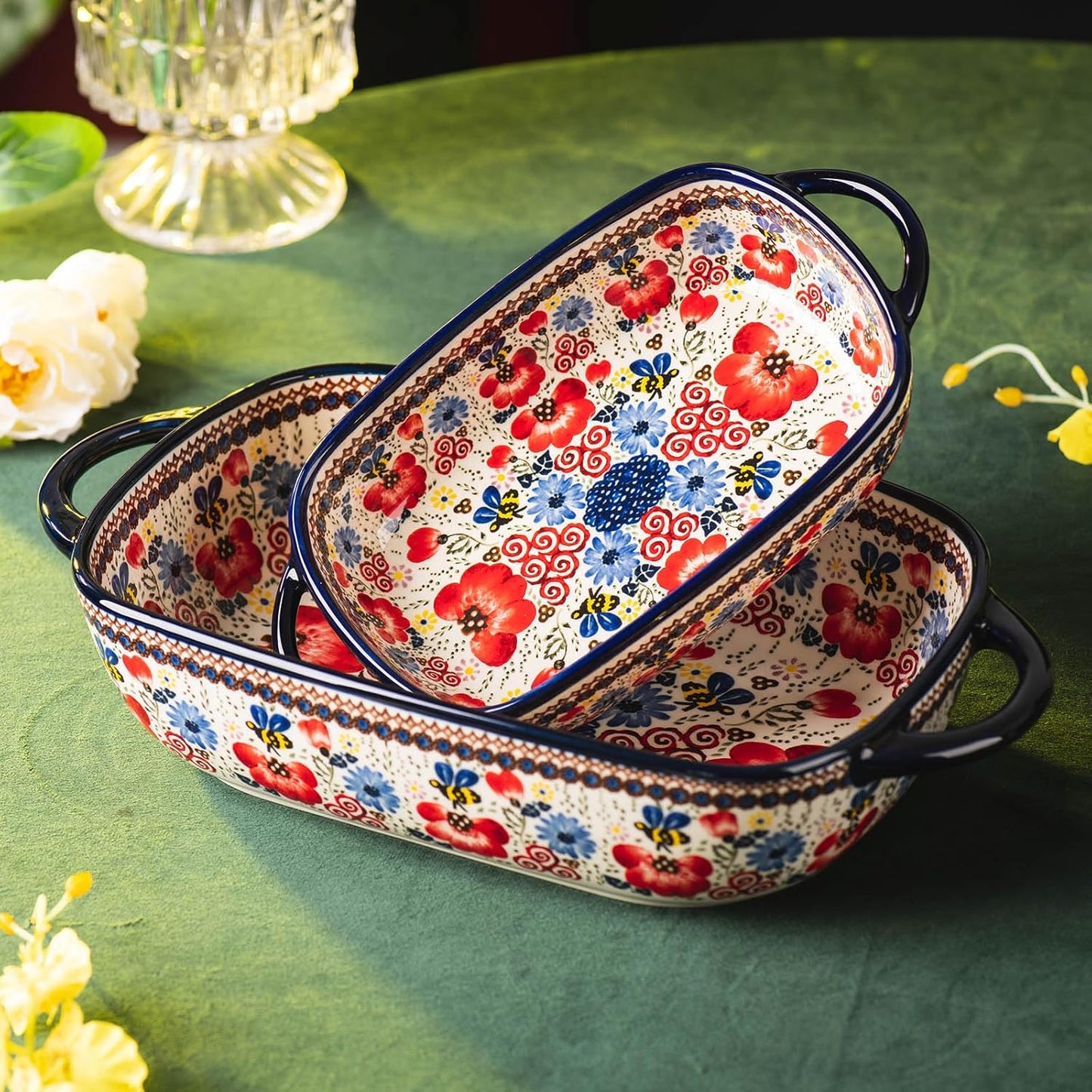 Baking Dish Ceramic Baking Pan Blue Casserole Dish Porcelain rectangular Baking Set 2pcs Bakeware Sets Lasagna Pan Baking Dishes for oven(Honey Flower)