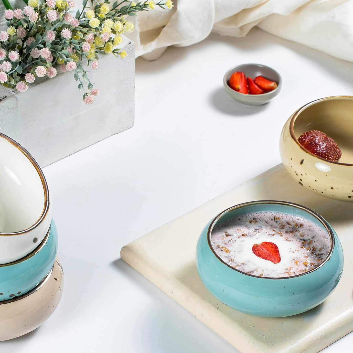 Small Hand Craft Dessert Bowls - 13.5oz, Set of 6 - Microwave, Oven, Dishwasher Safe, Ice Cream,Soup,Snacks, Rice, Cereal, Chili, Side Dishes, Dips, Ideal Gift - Natural Assorted Color