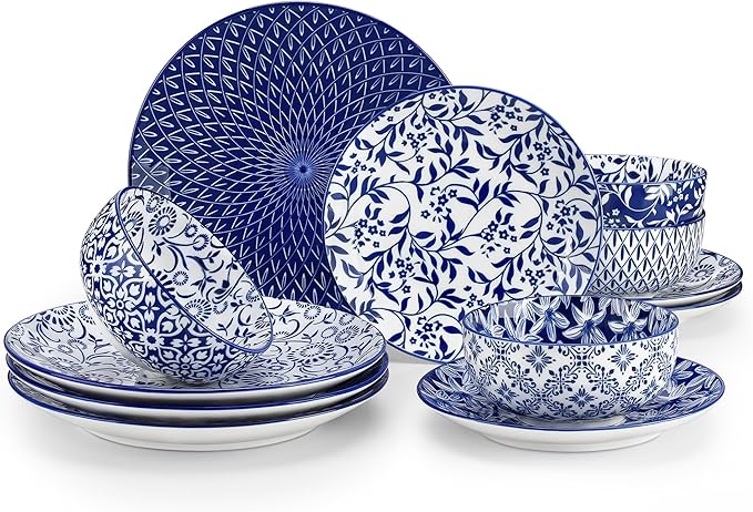vancasso SELENE Plates and Bowls Set for 4, 12 Pieces Dinnerware Sets, Mircowave and Dishwasher Safe Dishes Set, Porcelain Blue Dinnerware