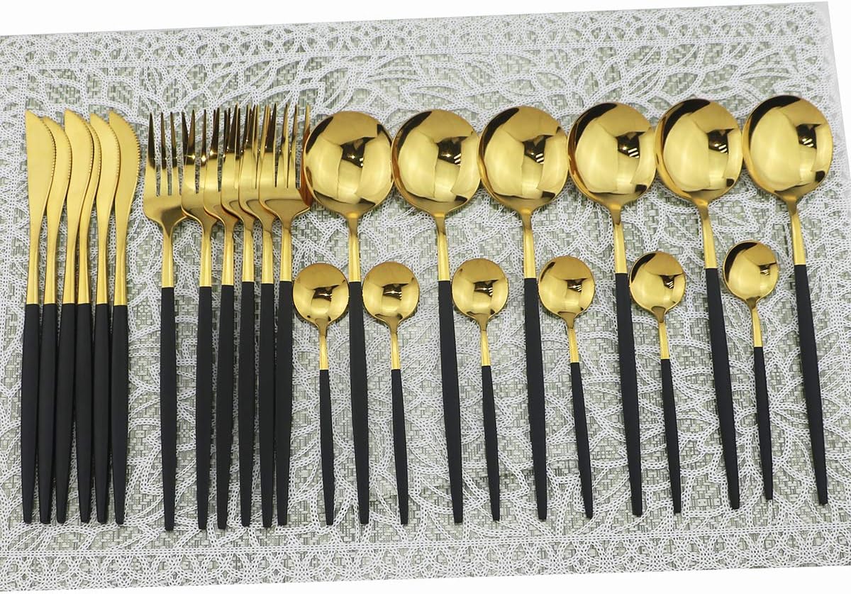 Shiny Silverware Sets, 24-Piece Elegant Cute Black Handle Gold Cutlery set,304 Stainless Steel Silverware Set for Eating Home Kitchen Hotel Restaurant, Sets for 6 People, Dishwasher Safe