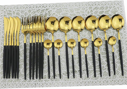 Shiny Silverware Sets, 24-Piece Elegant Cute Black Handle Gold Cutlery set,304 Stainless Steel Silverware Set for Eating Home Kitchen Hotel Restaurant, Sets for 6 People, Dishwasher Safe