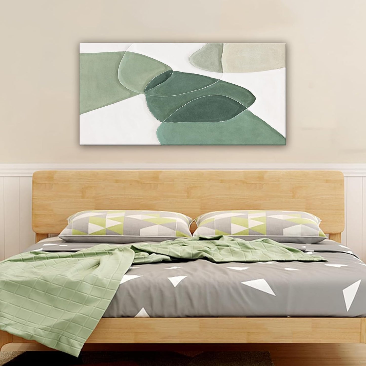 QSQ Green Wall Art Decor Green White Boho Wall Art Minimalist Wall Art Geometric Color Block Canvas Artwork Paintings Wall Decor Modern Home Bedroom Art Office Decor 20"X 40"