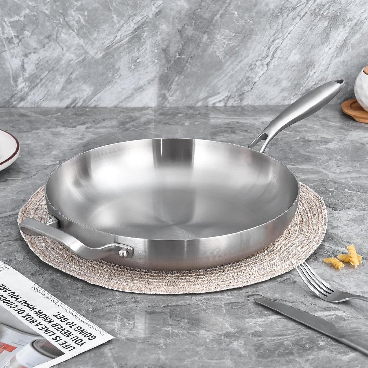 LOLYKITCH 12 Inch Tri-ply Stainless Steel Frying Pan with Lid and Helper Handle,Skillet,Induction Cooking Pan,Dishwasher and Oven Safe,Detachable Handle.