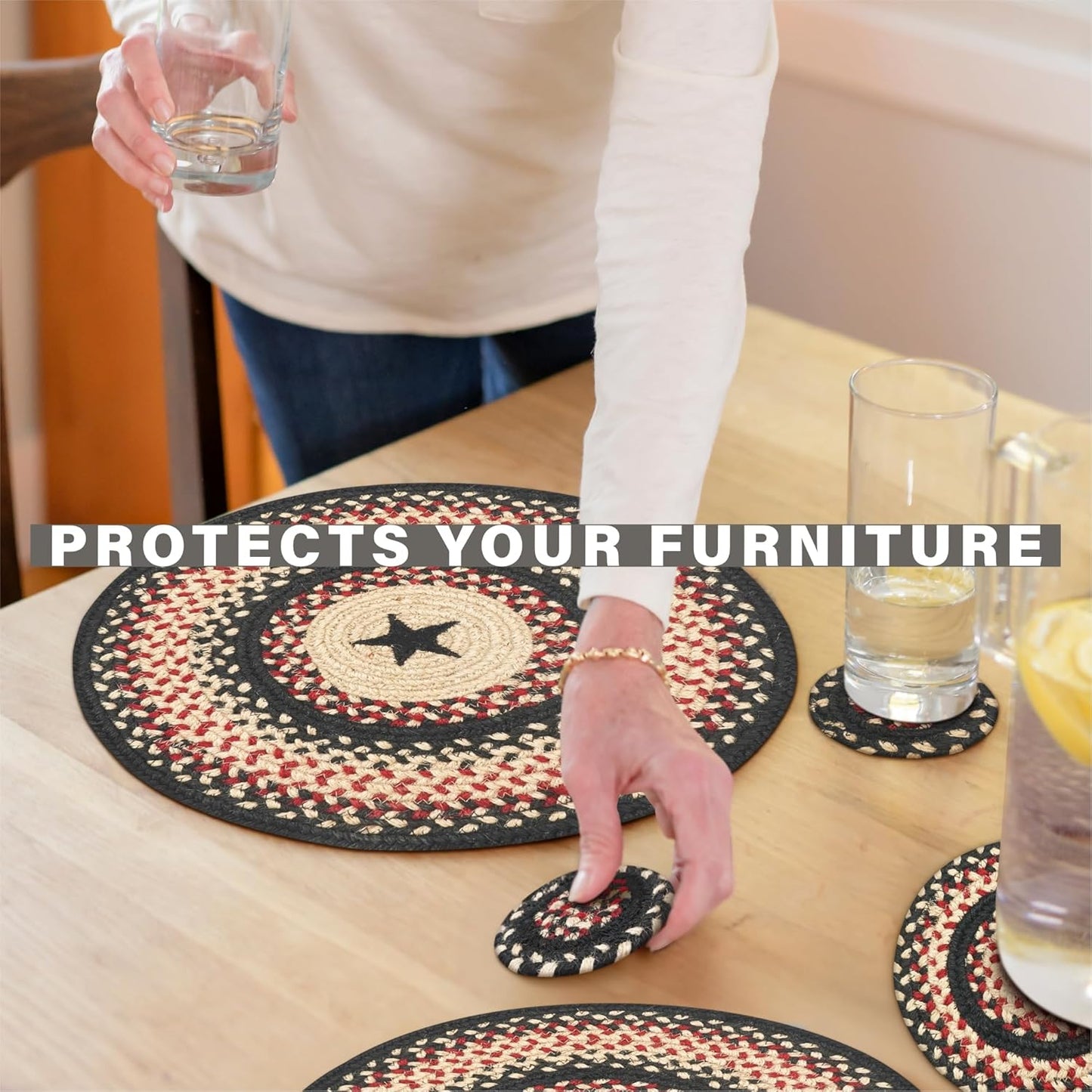 Primitive Star Gloucester Jute Woven Round Placemats Set of 6, 15", Warm Primitive Decor, Black and Red Table Mats - Vibrant Colors, Durable, Easy to Clean and Protects Furniture