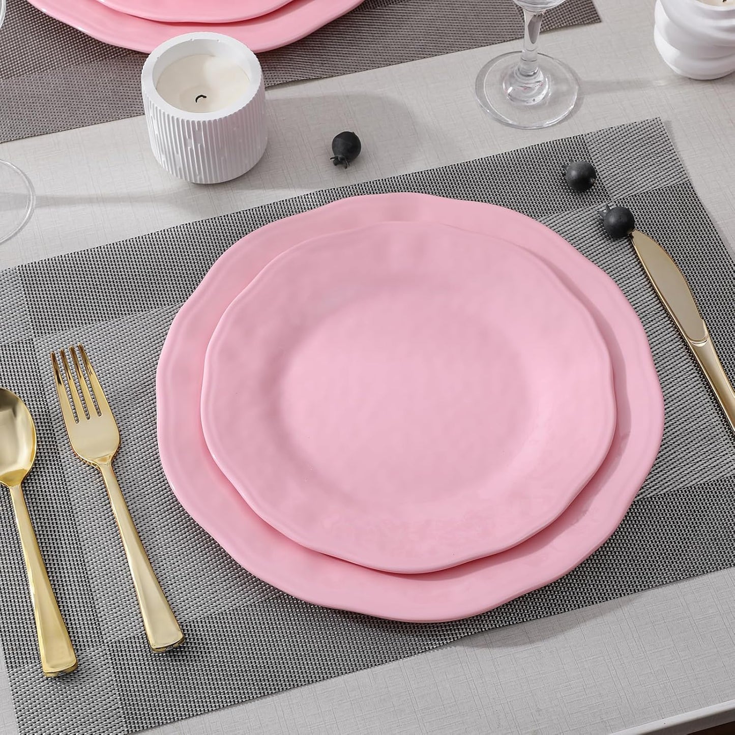 18 Piece Pink Dinnerware Set, Lightweight Kitchen Dining Plates and Bowls Set, Durable Melamine Dishes, Set of 6, Unbreakable RV Camping Dishes, Dishwasher Safe