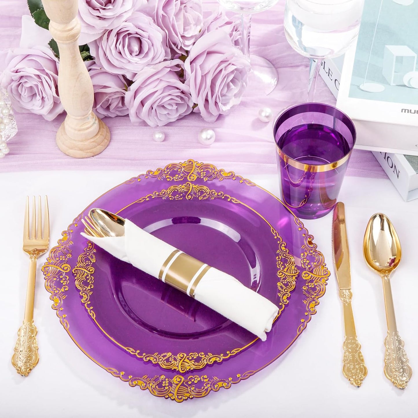 Hioasis 210pcs Purple and Gold Plastic Plates - Elegant Disposable Dinnerware Set Suitable for 30 Guests Include 10.25 Dinner & 7.5 Dessert Plates, Pre Rolled Silverware Set, Cups for Party & Wedding