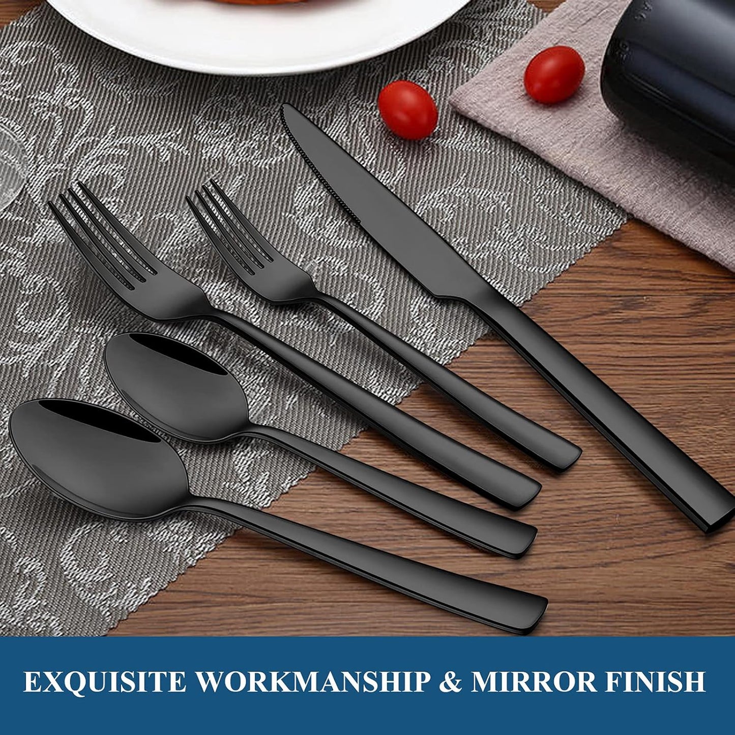 Wildone 60-Piece Black Silverware Set, Stainless Steel Flatware Square Cutlery Set Service for 12, Eating Utensils Include Knife Fork Spoon, Mirror Polished & Dishwasher Safe
