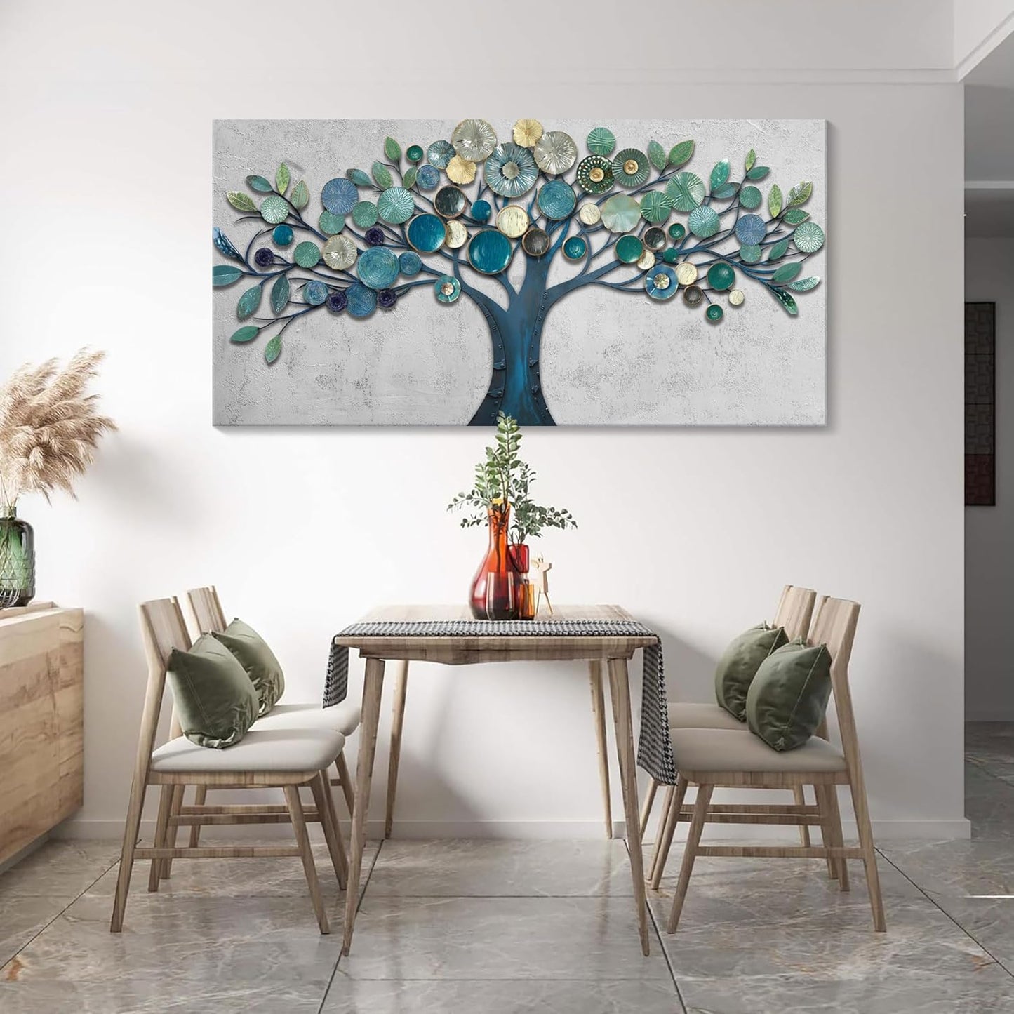 CHATYOUNG Large Canvas Wall Art - Wall Pictures Artwork for Living Room Tree of Life Blue Gold Leaves Gray Background Paintings Bedroom Dining Room Office Kitchen Home Decor 58"x29"
