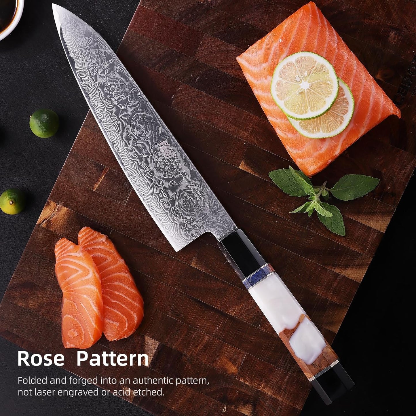 FINDKING 8 Inch Japanese Professional Chef Knife, Damascus Kitchen Blade for Sharp, Sturdy Cuts & Daily Cooking (BLACK-ROSE Series)