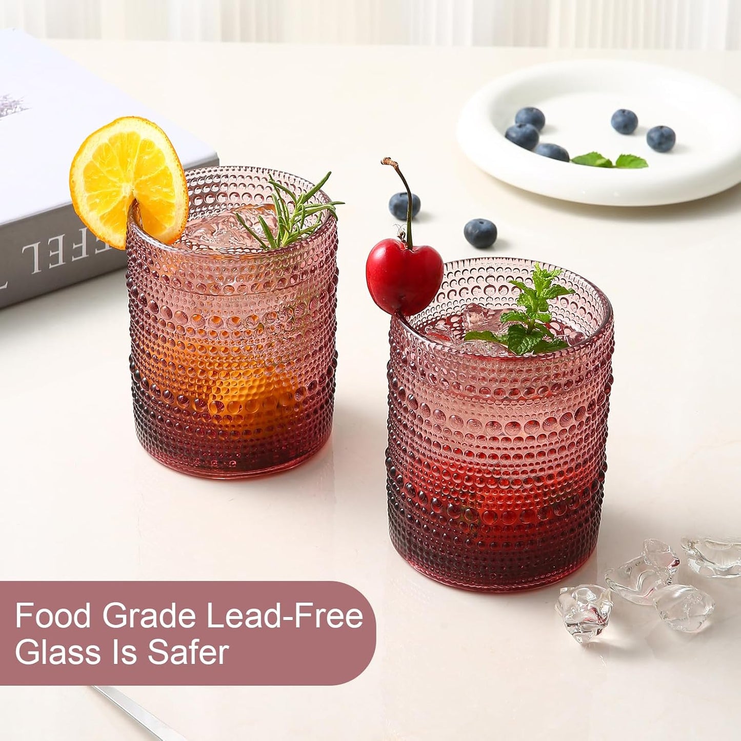 Vintage Glassware Drinking Glasses Set of 6,12 oz Hobnail Glass Cups,Embossed Purple Water Tumbler,for Beer,Cocktail,Whiskey,Juice and Various Mixed Drinks- 1 Cleaning Brush