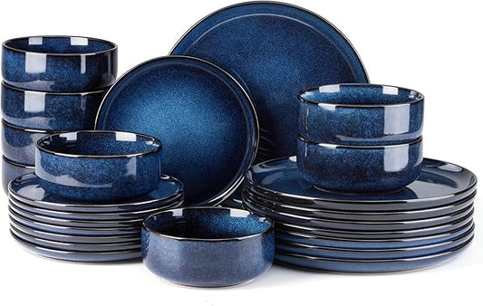 E-far Dinnerware Sets for 8, 24-Piece Stoneware Plates and Bowls Set, Ceramic Dishes Reactive Glaze Dinning Ware, Microwave & Dishwasher Safe - Deep Sea Blue
