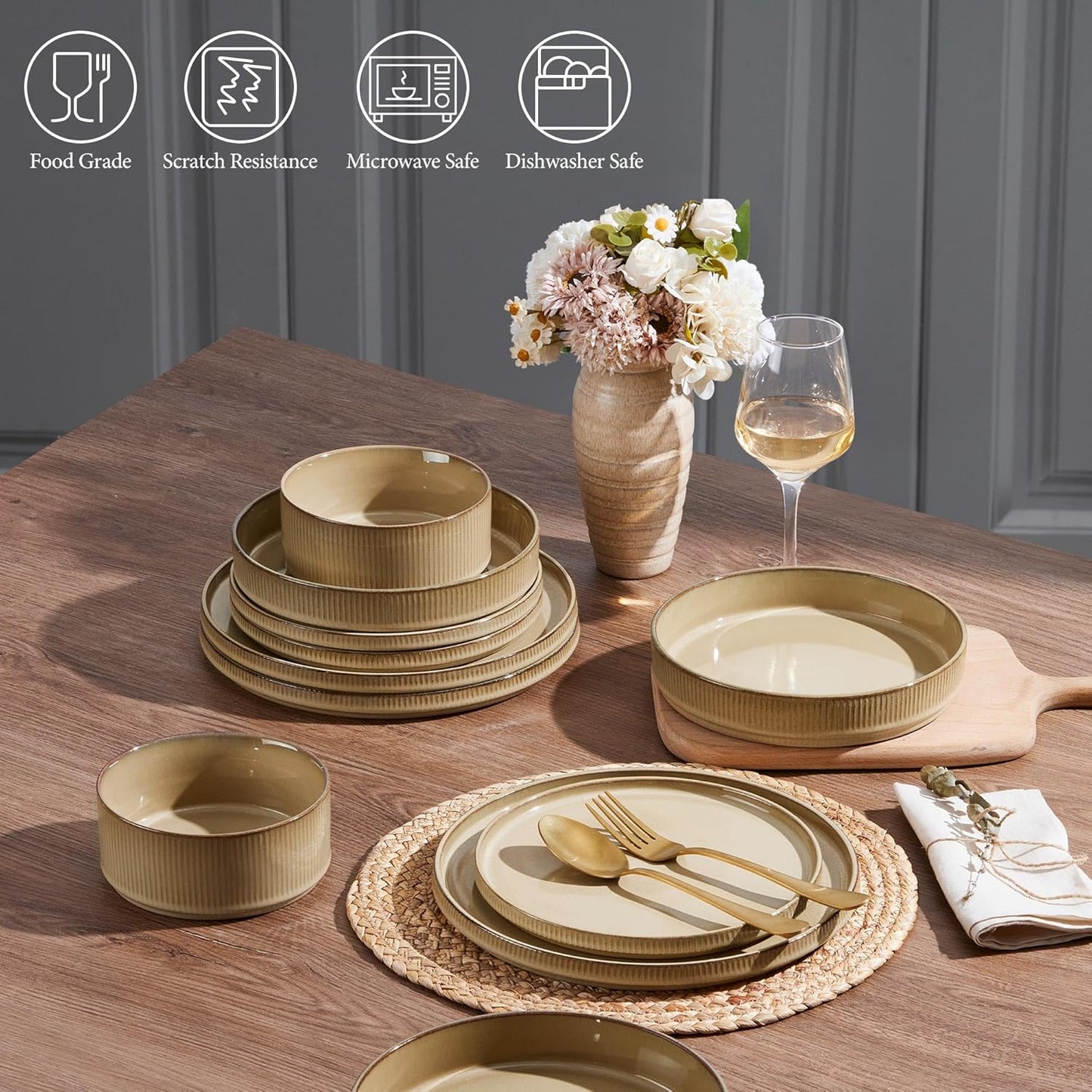 E-far 16 Piece Dinnerware Sets, Plates and Bowls with Pasta Bowls Service for 4, Modern Stoneware Ribbed Dishes for Kitchen Dining, Microwave & Dishwasher Safe, Caramel Khaki