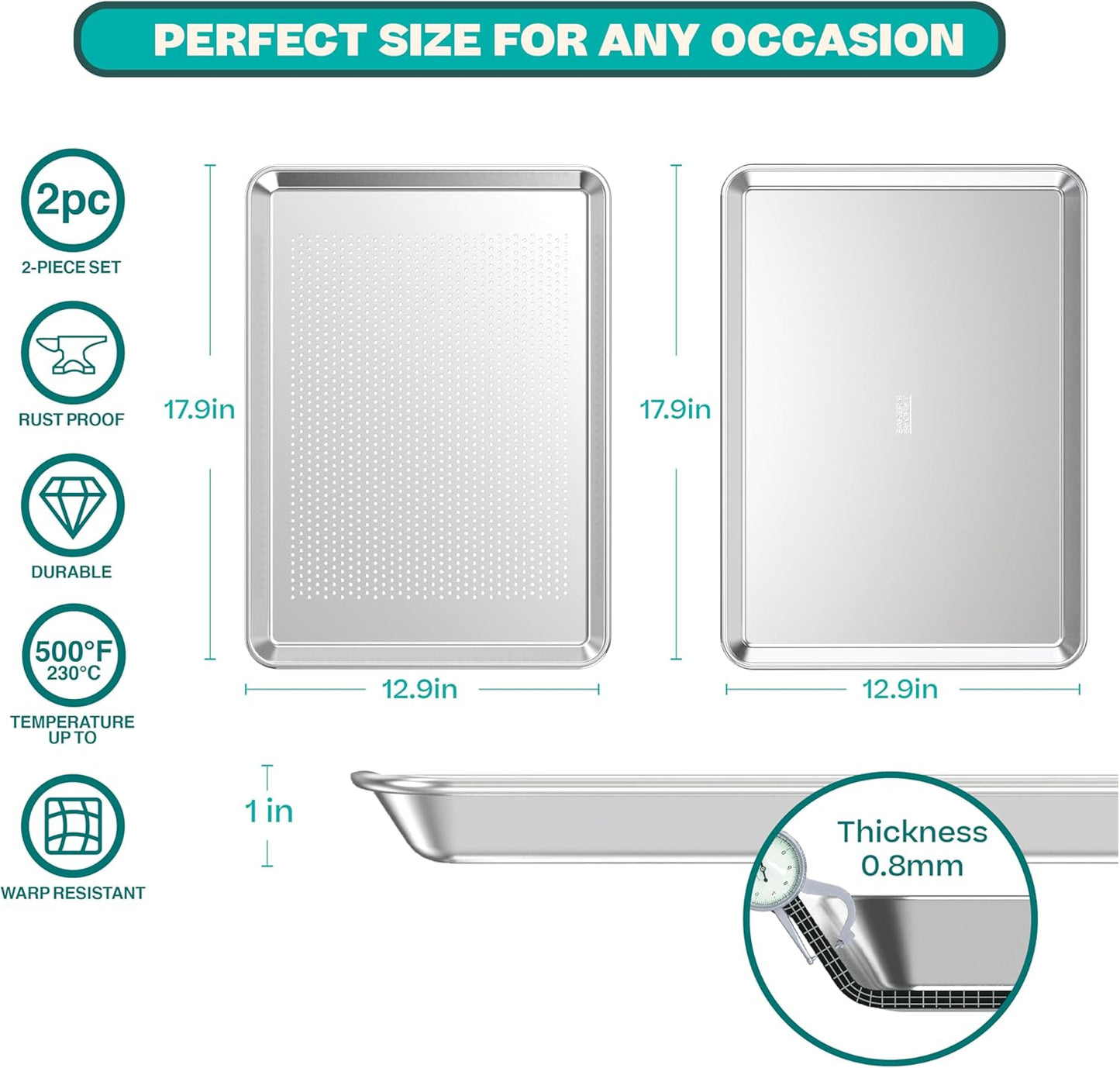 Baking Sheet Set with Rack 18" Non-Toxic Bakeware Set Baking Trays for Oven, 100% Recycled Aluminum, 2pc Bakeware Set Baking Sheets 18" Never Rust, PTFE,PFAS,PFOA Free by Baker's Secret