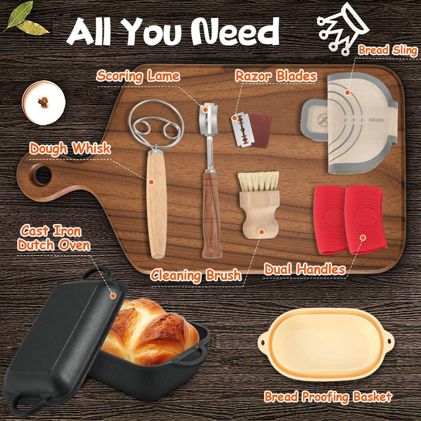 6.35 Qt Oval Cast Iron Dutch Oven for Bread Baking, Bread Baking Pan with Lid includes Bread Baking Supplies, Multi-Functional Sourdough Baking Kit for Frying and Braising