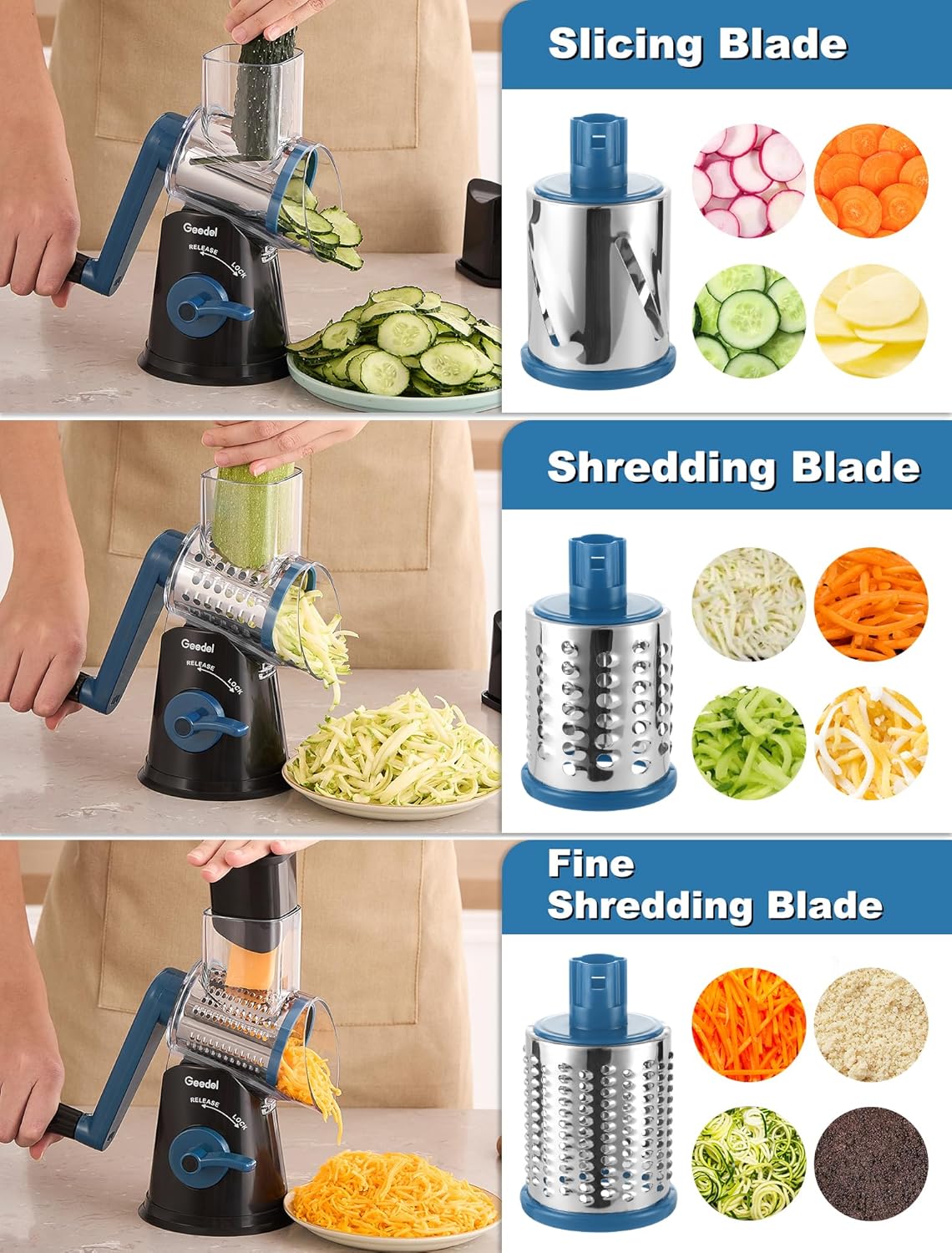 Geedel Rotary Cheese Grater Cheese Shredder - Upgraded 5-in-1 Cheese Grater with Handle and Strong Suction Base, Multi-purpose Vegetable Slicer Ice Shaver Nuts Grinder for Ice, Vegetables, Fruit, Nuts