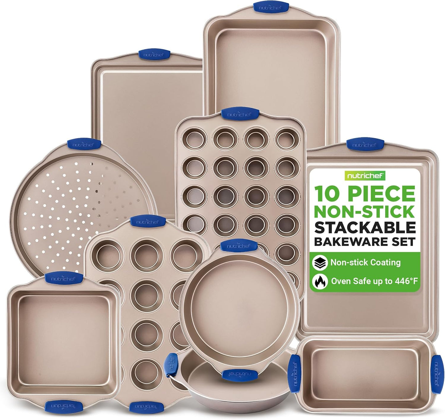 NutriChef 10-Piece Nonstick Bakeware Set - Premium Carbon Steel Baking Pan Set w/Heatsafe Silicone Handles, Includes Pizza Crisper, Loaf Pan, 12 & 24 Cup Muffin Pans, Cake Pans, Cookie Sheets