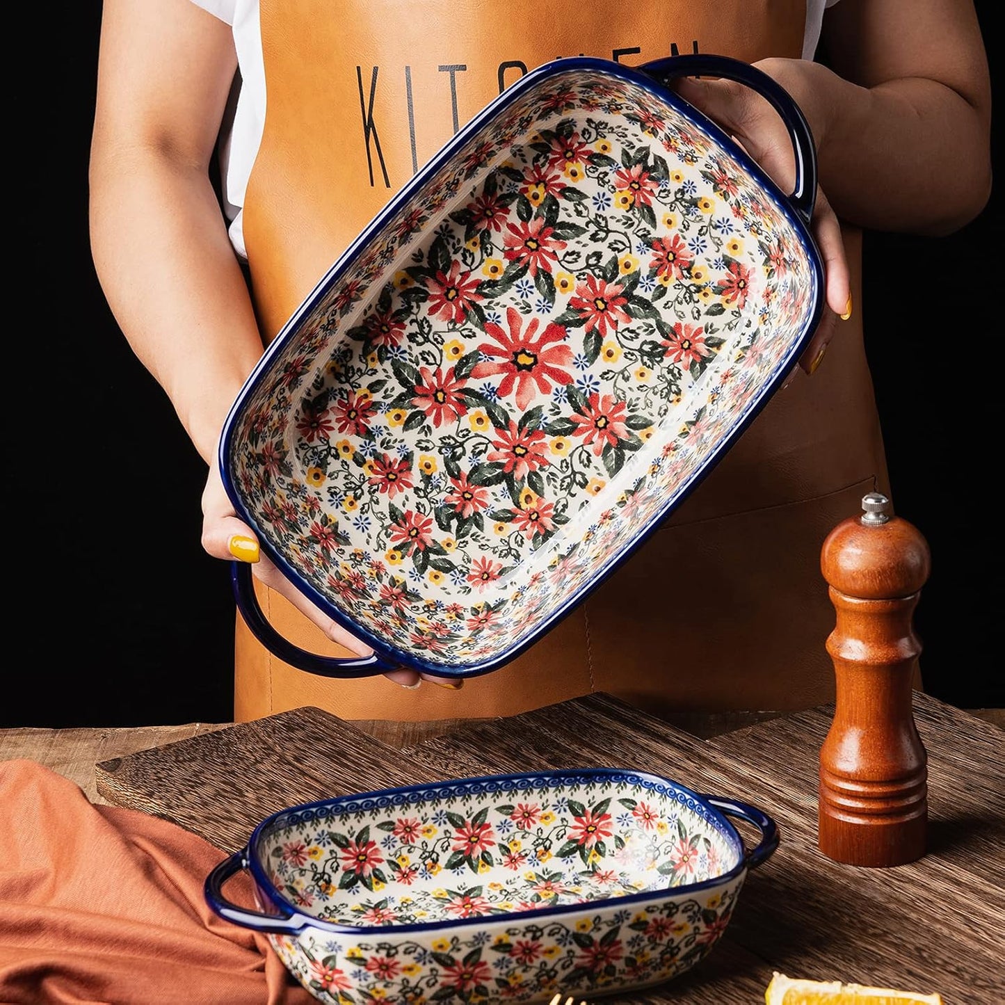 Baking Dish Ceramic Baking Pan Blue Casserole Dish Rectangular Baking Set 2pcs Bakeware Sets Lasagna Pan Baking Dishes for oven (Exotic Daisy)