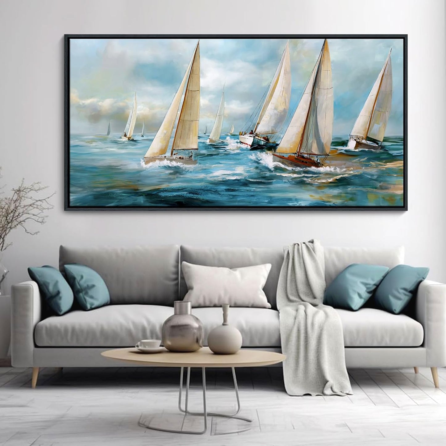 YDYSUNE Sailboat Wall Art - Blue Canvas Retro Painting Textured Picture Artwork Vintage Nautical Large Painting Coastal Modern Print Frame for Living Room Bedroom Home Decoration 24x48inch