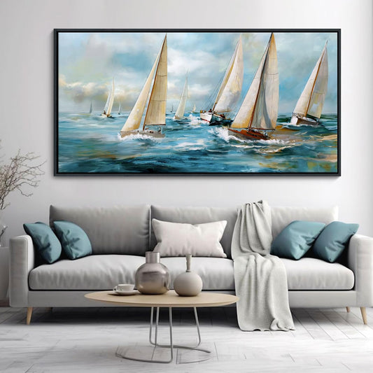 YDYSUNE Sailboat Wall Art - Blue Canvas Retro Painting Textured Picture Artwork Vintage Nautical Large Painting Coastal Modern Print Frame for Living Room Bedroom Home Decoration 24x48inch