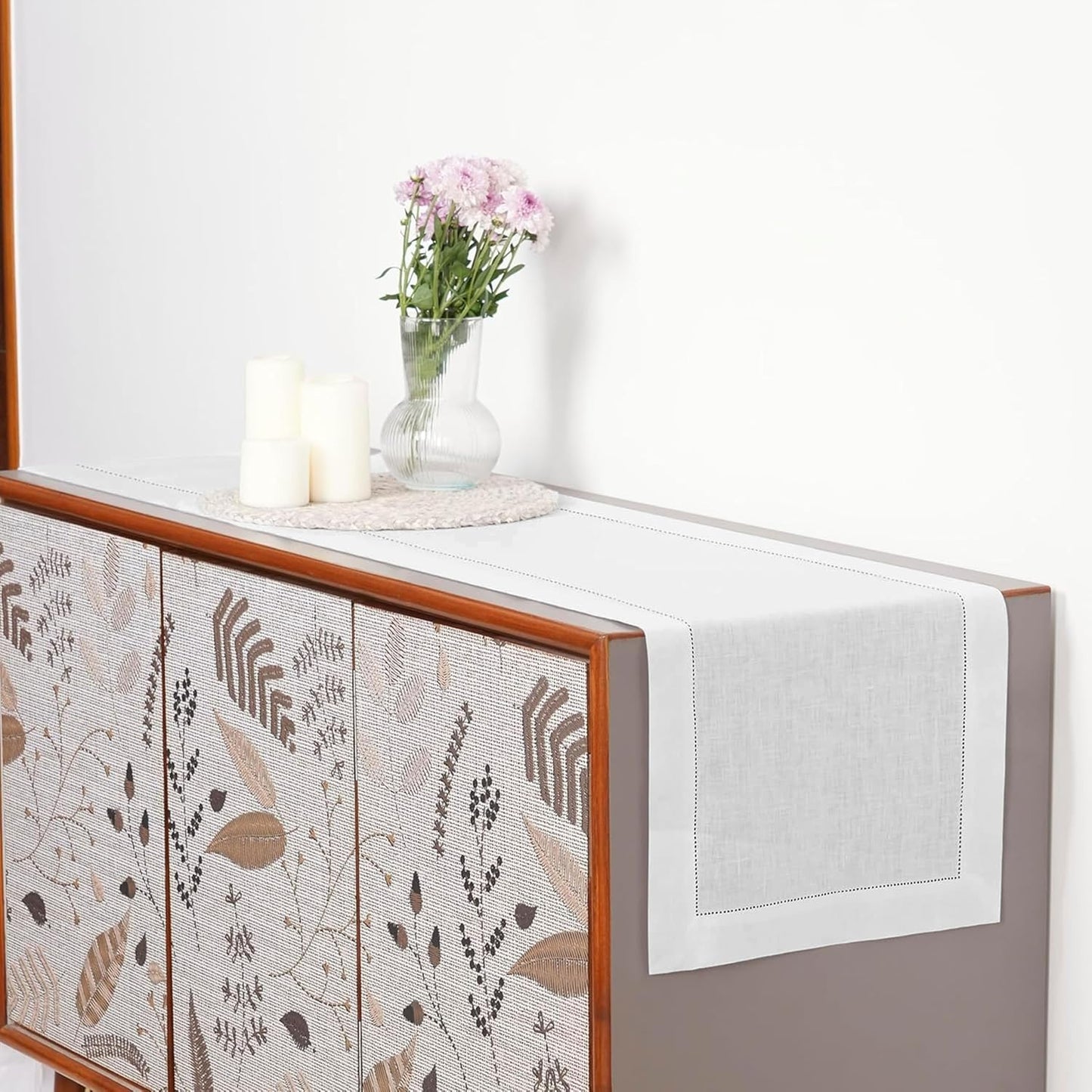 D'Moksha Homes Linen White Table Runner 72 Inches Long - 100% Pure Linen Hemstitch Table Runner 14 x 72 Inch for Dresser, Dining, Fall, Autumn and Halloween - Classic Hemstitch