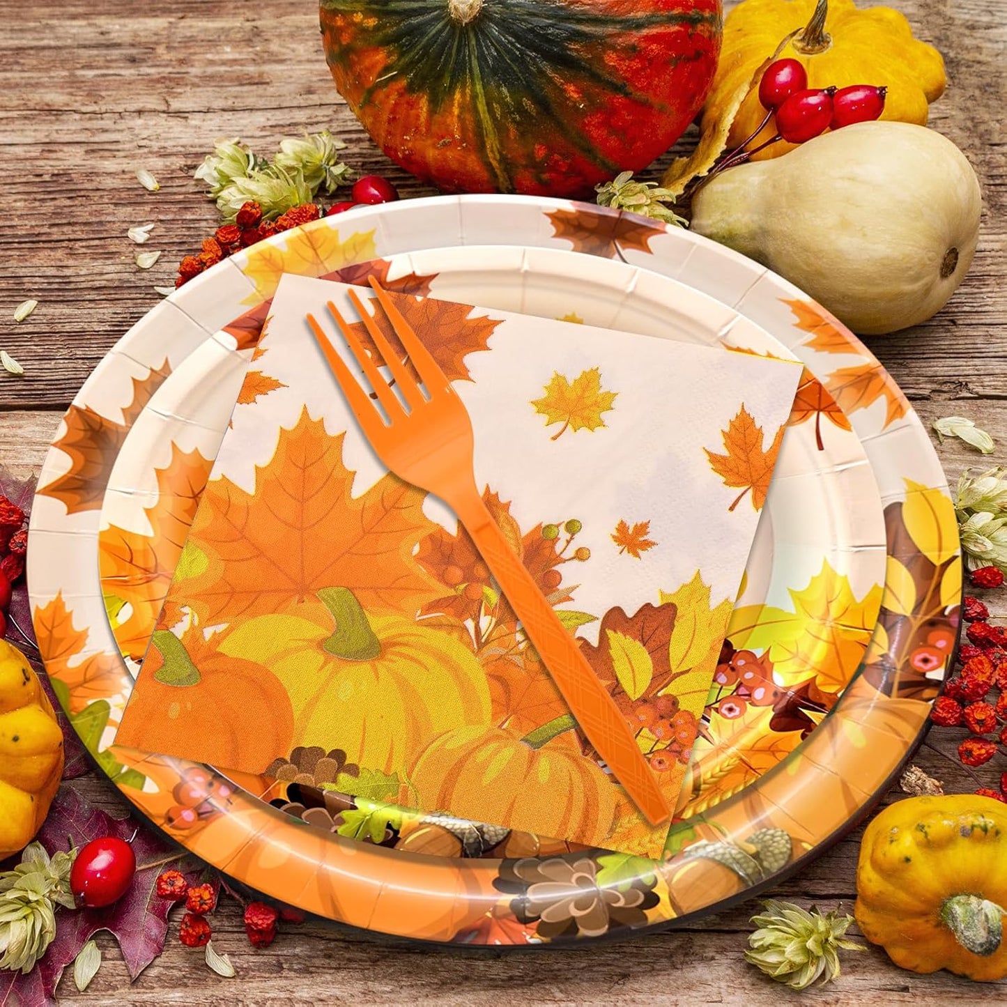 96 Pieces Thanksgiving Tableware Set - Fall Harvest Disposable Dinnerware with Plates, Napkins, Forks for Autumn Celebrations, Thanksgiving Day, and Harvest Festival, Serves 24 Guests