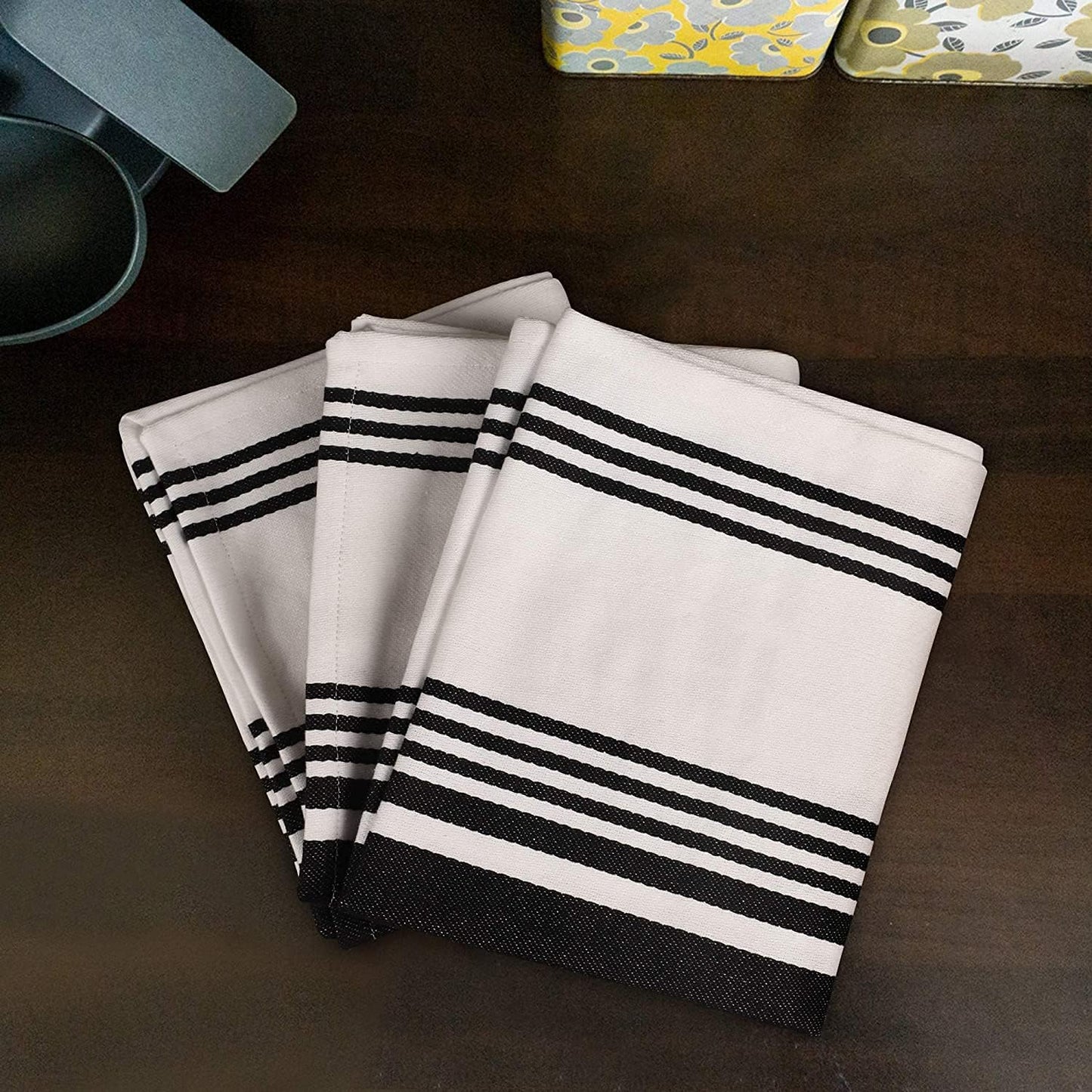 Urban Villa Kitchen Towels 100% Cotton Pack of 3, Highly Absorbent Quick Drying Super Soft Premium Dish Towels for Kitchen with Hanging Loop Hand & Tea Towels - 20x30 Inch, (Black & White, Striped)