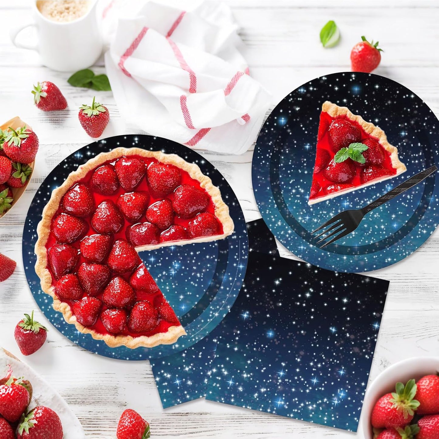 DTDO 96 Pcs Galaxy Party Plates and Napkins Set Include Star Night Paper Plate Napkins Black Forks, Disposable Outer Space Themed Birthday Dinnerware for Solar System Birthday Decorations, Serves 24
