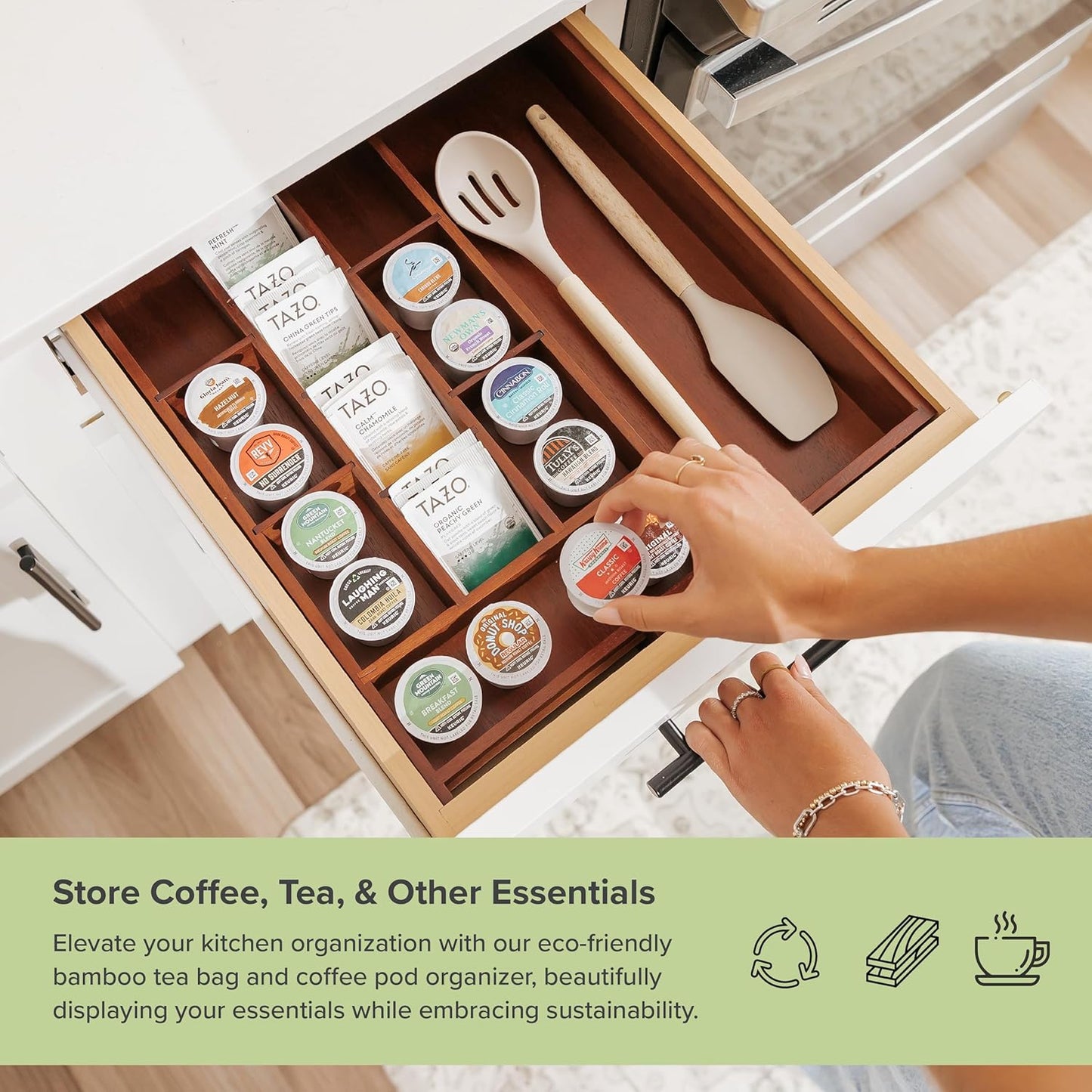 KitchenEdge Acacia Tea Bag and Coffee Pod Kitchen Drawer Organizer, Expandable 9.7 to 17 Inches, 10 Storage Compartments, Adjustable Wall Inserts, Non-Slip Feet, Food-Safe