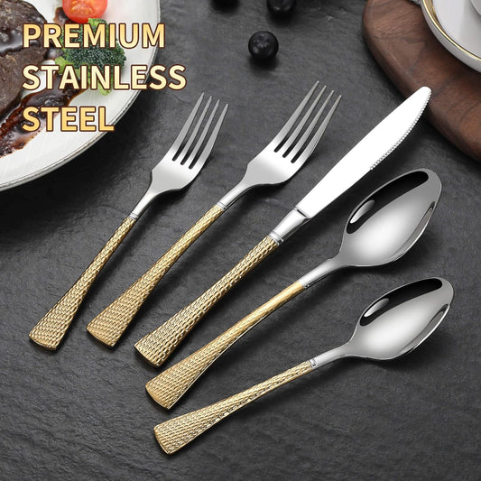 Lemeya Hammered Silver Gold Silverware Set for 8,Stainless Steel 40-Piece Modern Cutlery Set,Mirror Polished Heavy Duty Flatware Set Utensil Set,Knives Spoons and Forks Set,Dishwasher Safe