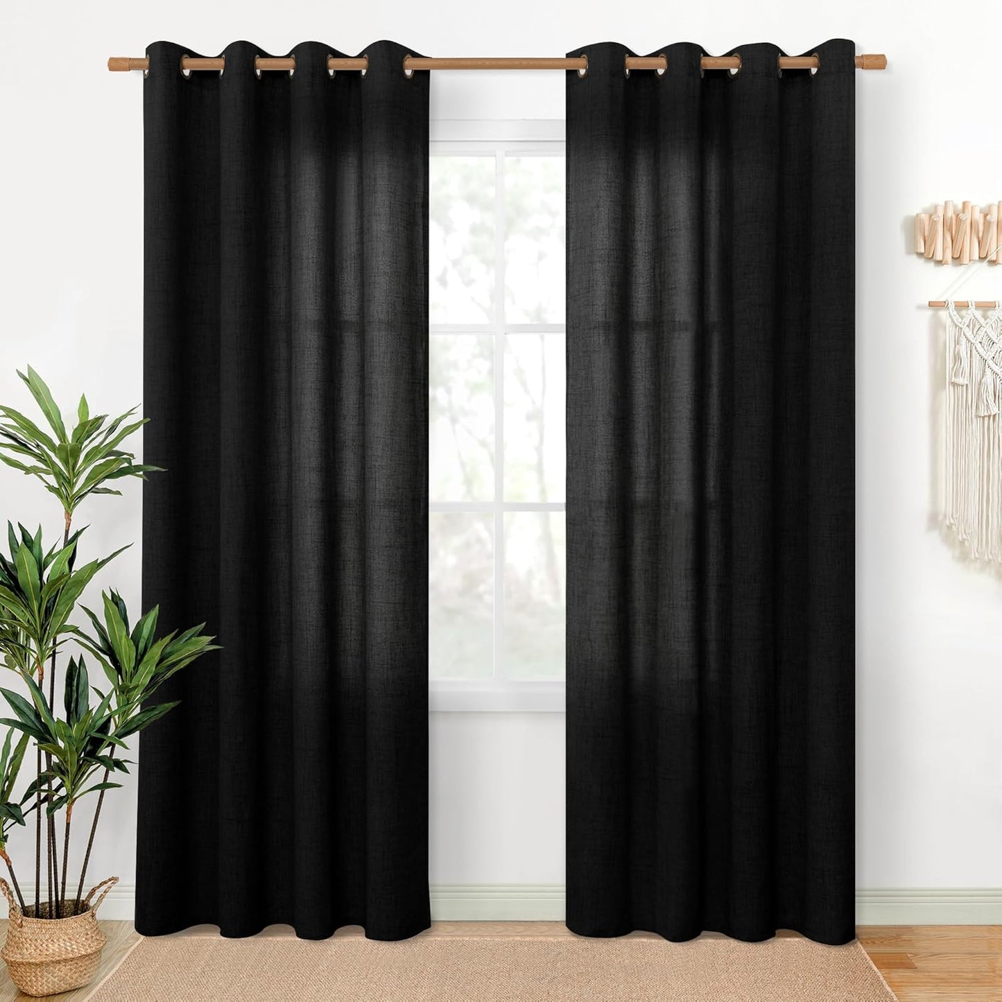 YoungsTex Black Linen Curtains 80 Inch Length for Living Room, Light Filtering Semi Sheer Window Drapes Bronze Grommet Privacy Halloween Decor for Dining Bedroom, 52 x 80 Inch, 2 Panels