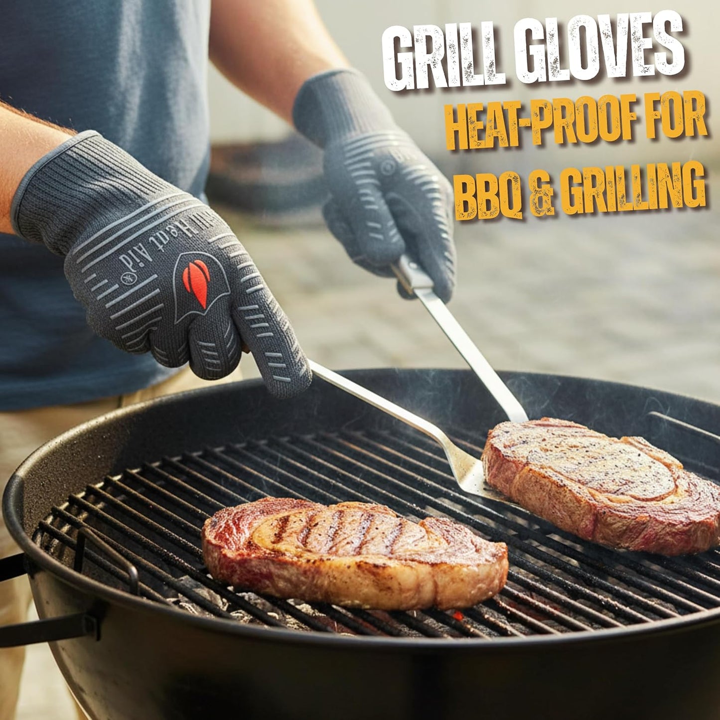 GRILL HEAT AID BBQ Grill Gloves 1472°F - Extreme Heat Resistant Oven Mitts for Grilling, Smoker & Fire Pit with Silicone Grip & EN407 Cut Resistance - Short Cuff, Dusky Gray