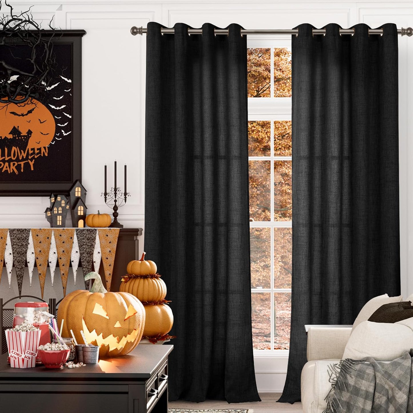 YoungsTex Black Linen Semi Sheer Curtains 95 inch Long 2 Panels, Bronze Grommet Light Filtering Drapes Floor Length for Living Room Bedroom Hallown Gothic Decorative, 52 X 95 Inch